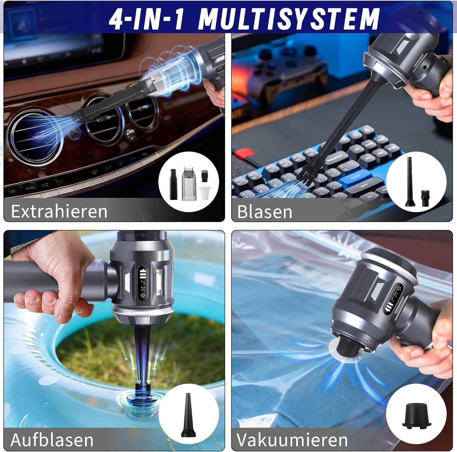 System wielofunkcyjny 4 w 1: odkurzanie, dmuchanie, pompowanie, pakowanie.