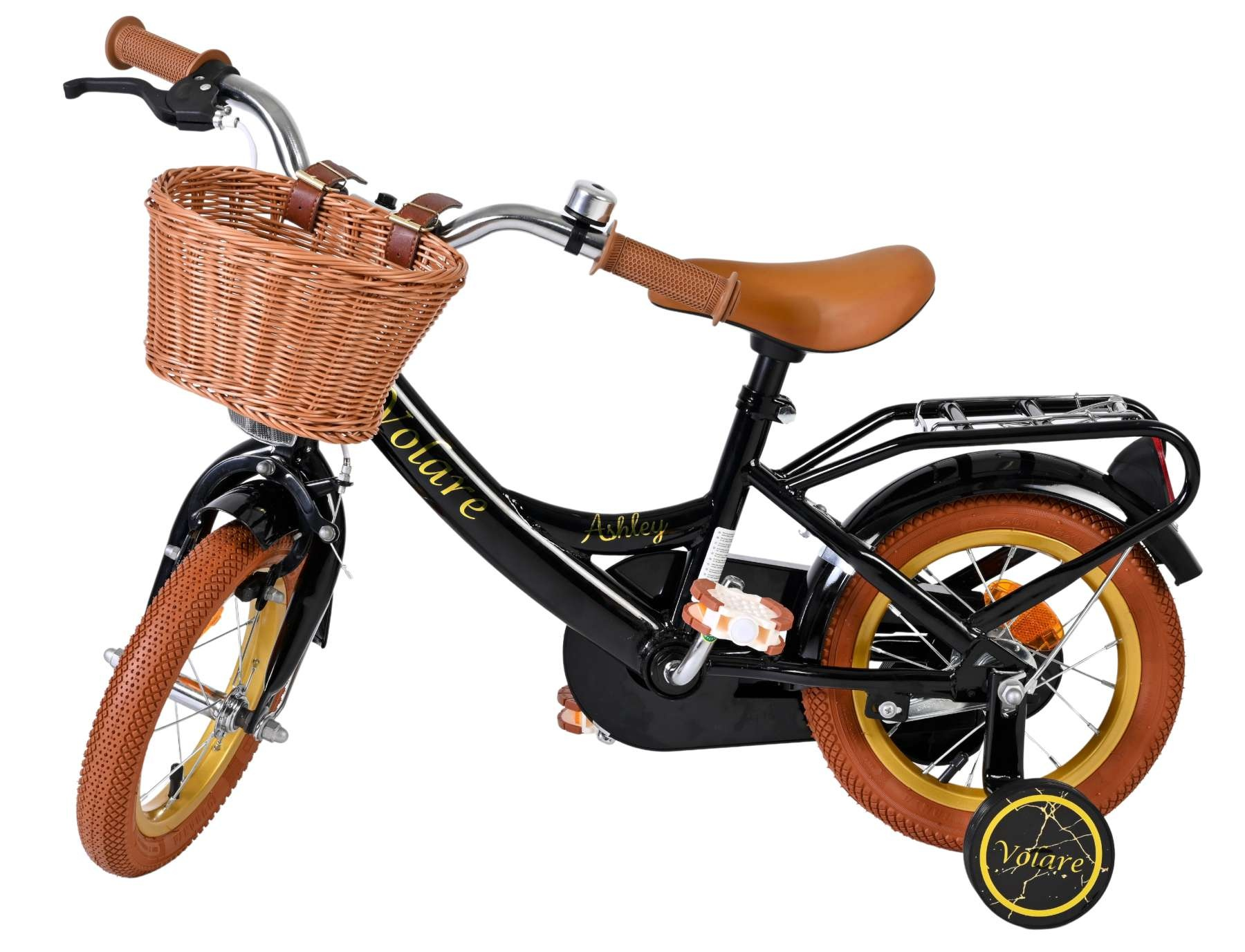 Ein schwarzes Kinderfahrrad mit braunem Korb, braunem Sattel und Stützrädern.