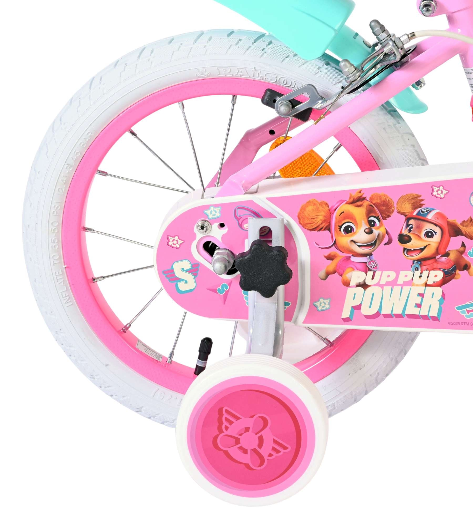 Rosa Kinderfahrrad mit Paw Patrol-Motiv, Stützrädern und weißem Reifen.