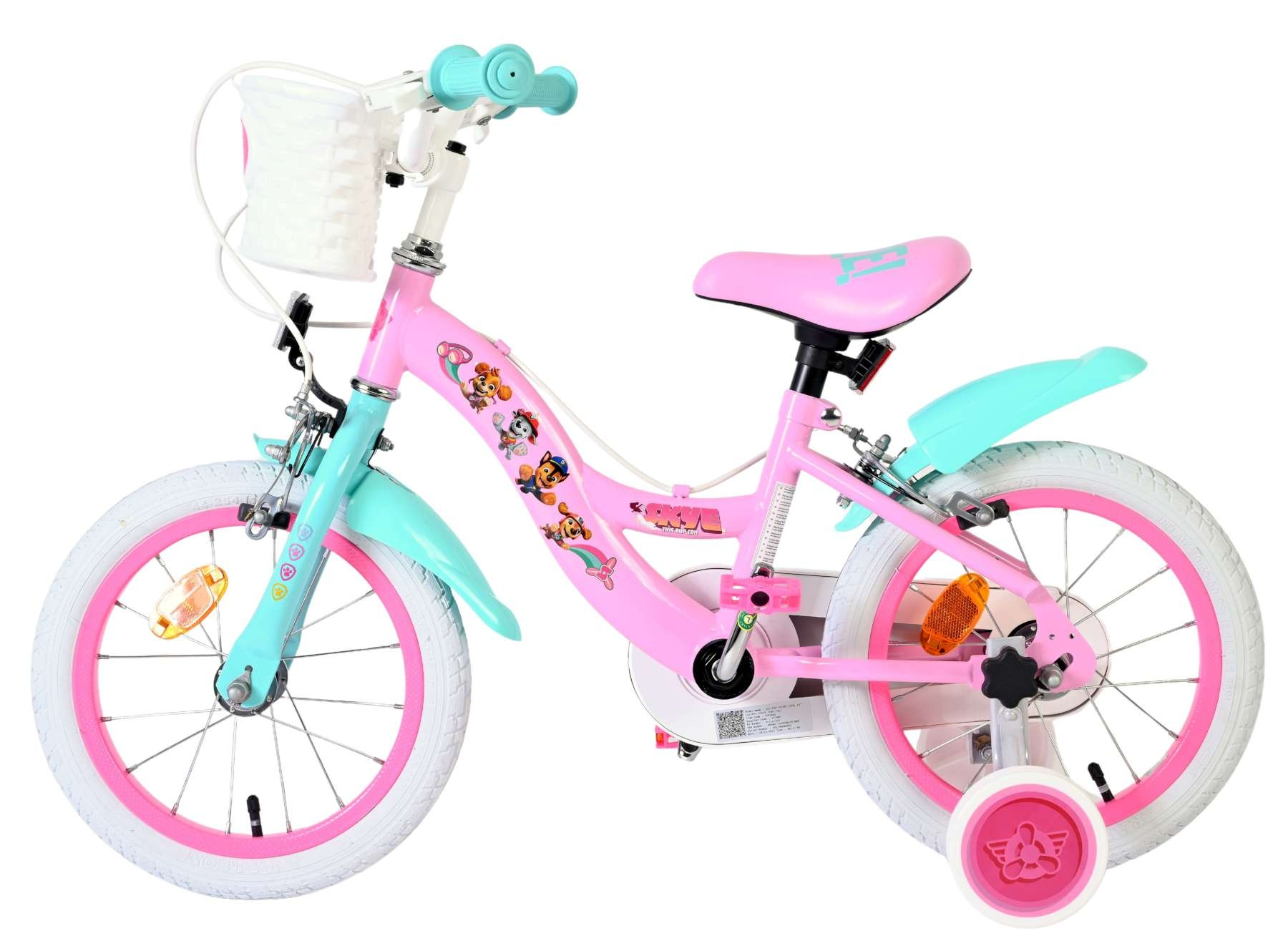 Ein pinkes Kinderfahrrad mit mintgrünen Akzenten und Paw Patrol-Aufklebern.