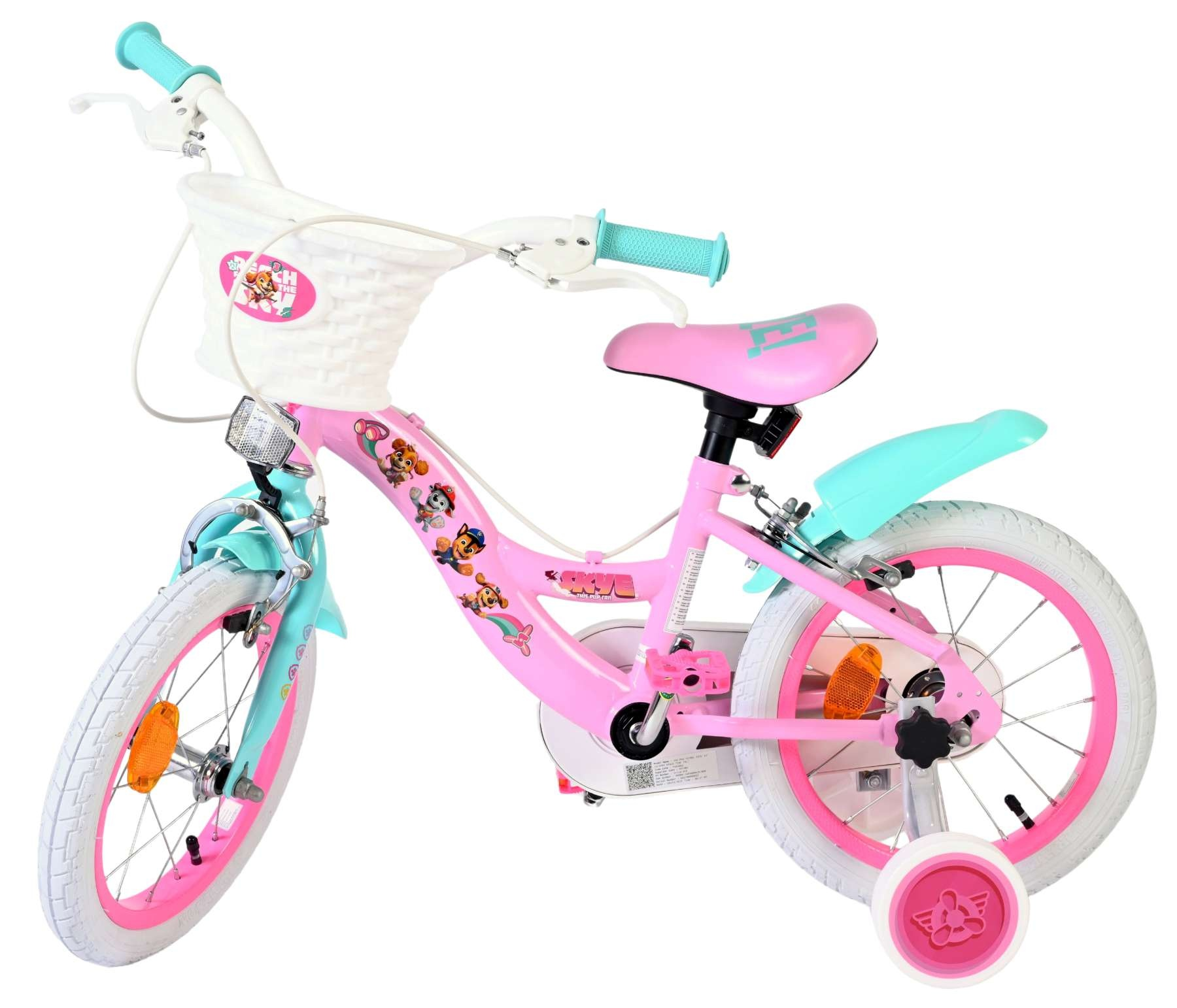 Ein rosafarbenes Kinderfahrrad mit Paw Patrol-Aufklebern und Stützrädern.