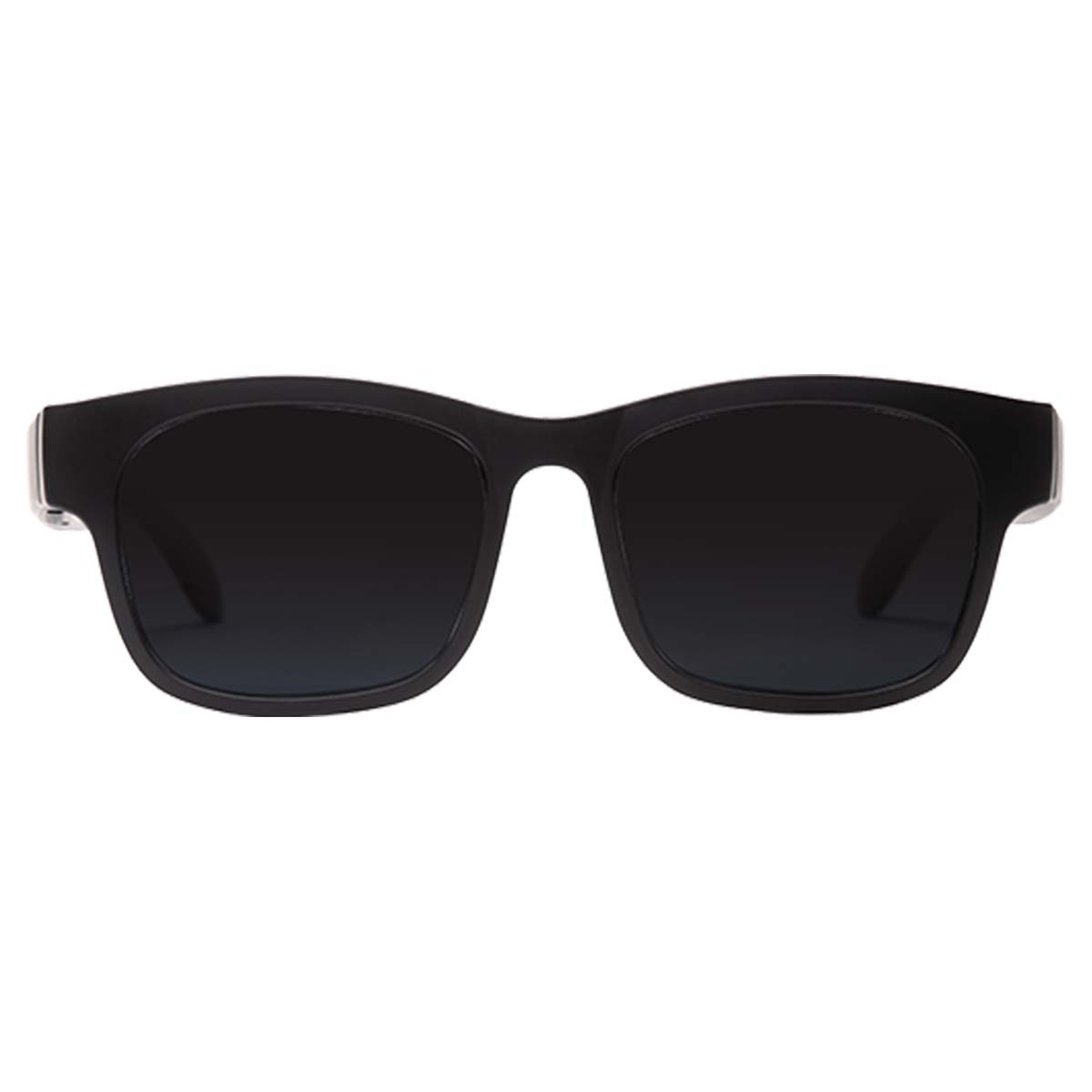 Schwarze Sonnenbrille mit dickem Rahmen und dunklen Gläsern.