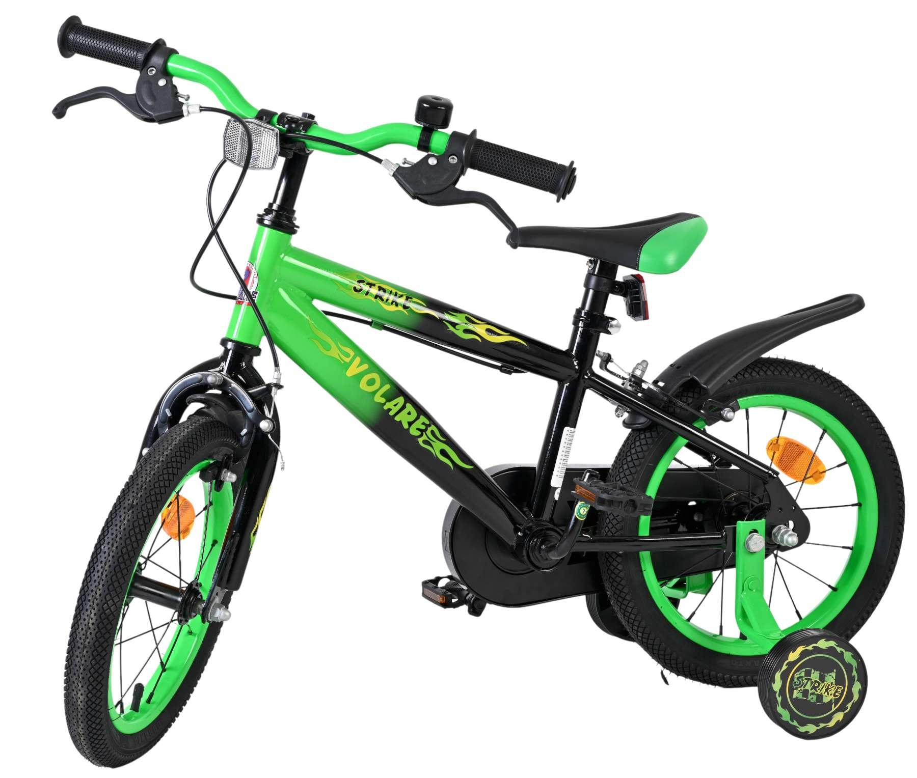 Ein grünes und schwarzes Kinderfahrrad mit Flammenaufklebern und Stützrädern.