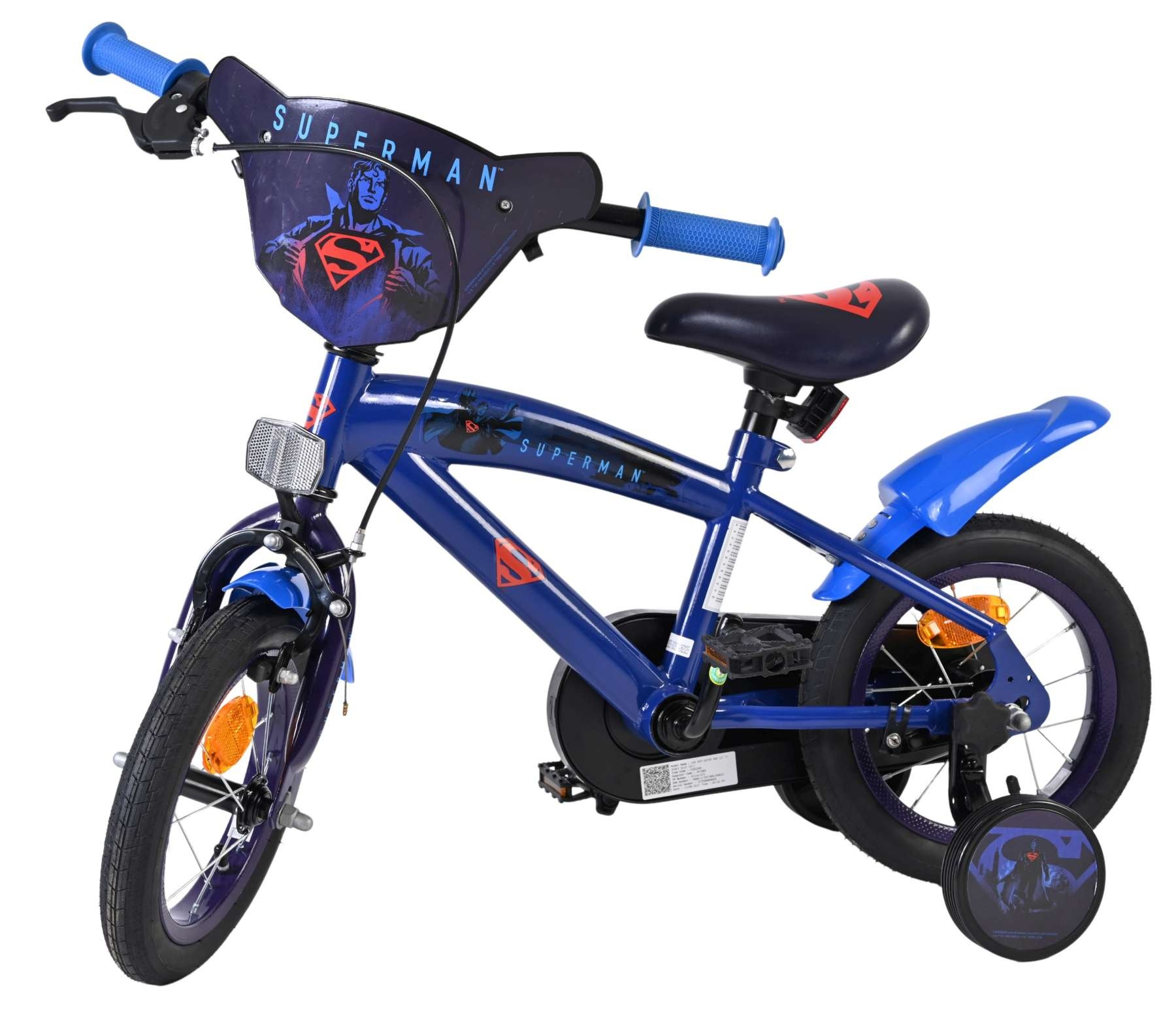 Blaues Superman-Kinderfahrrad mit Stützrädern, Frontreflektor und Superman-Motiven.