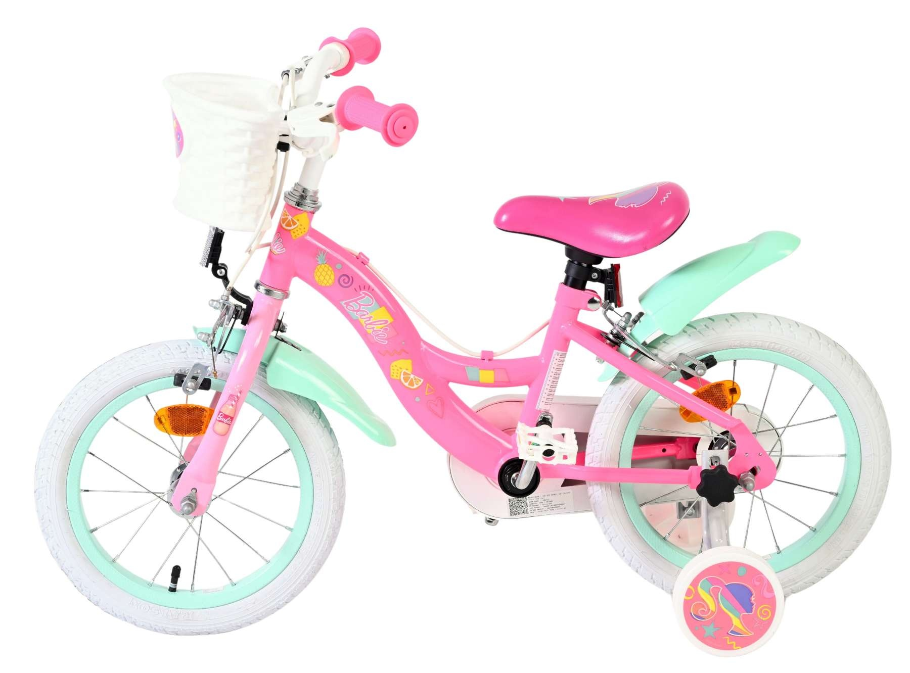 Ein pinkes Barbie-Fahrrad mit weißen Reifen, mintgrünen Schutzblechen und einem Korb.