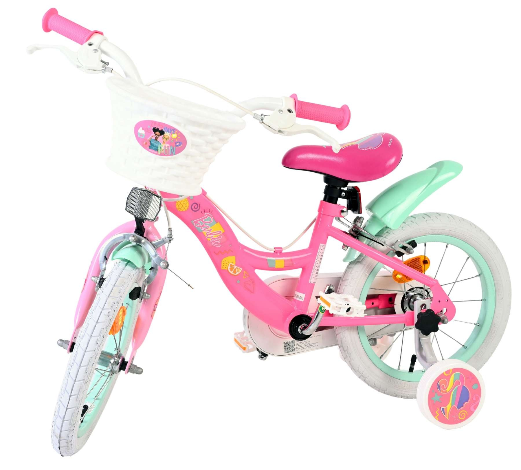 Ein pinkes Barbie-Fahrrad mit weißen Reifen, mintgrünen Schutzblechen und Stützrädern.