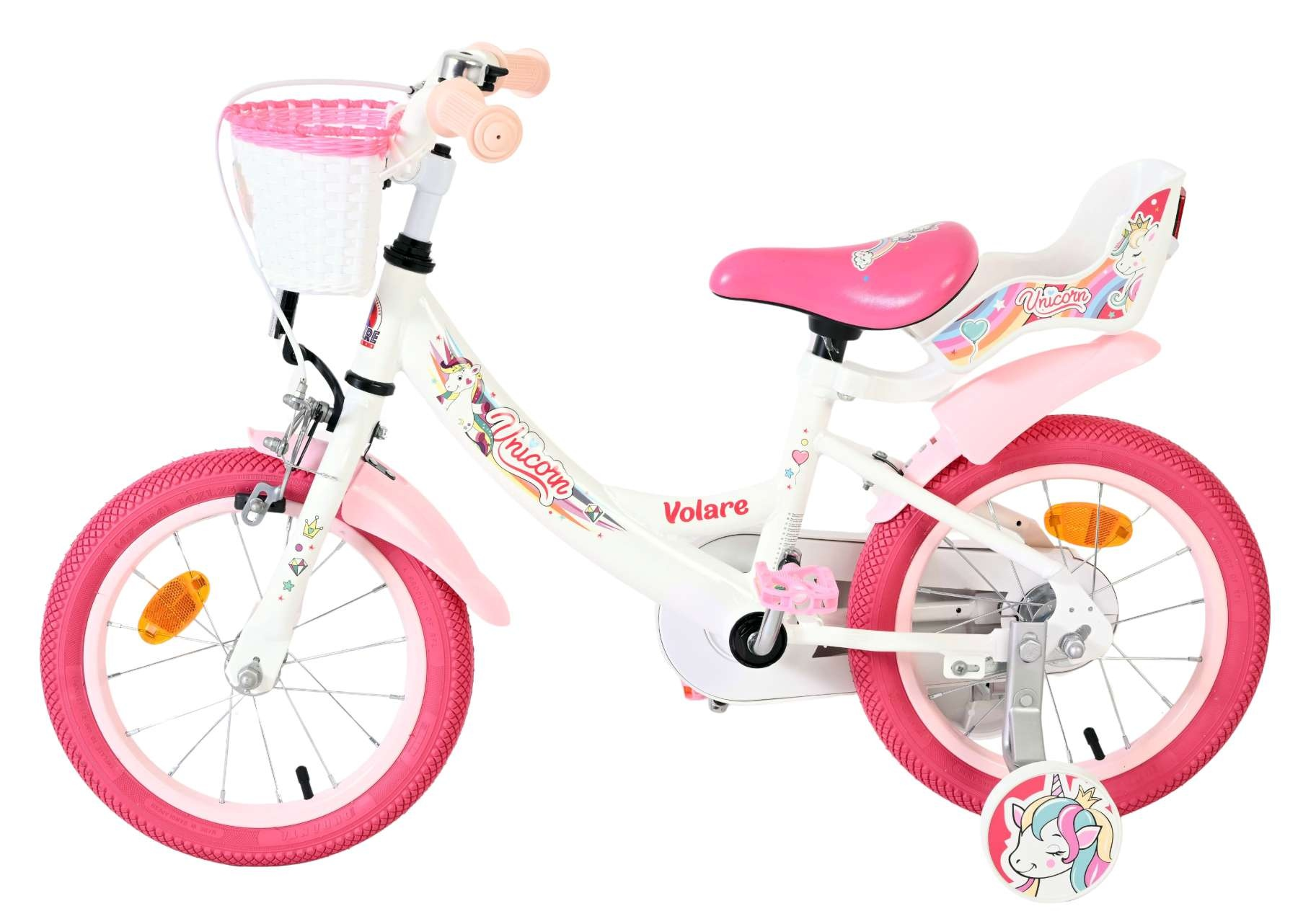 Weißes Fahrrad mit rosa Akzenten und Einhorn-Grafiken, mit Korb und Stützrädern.