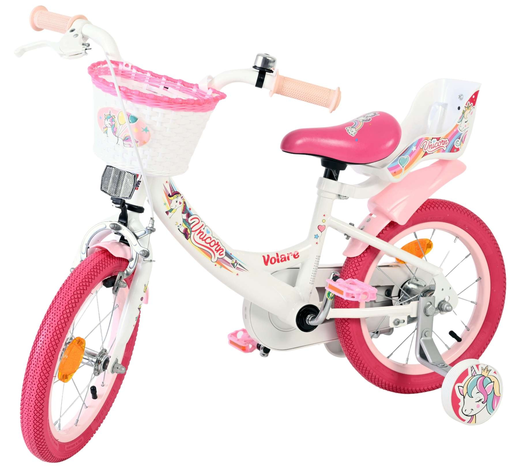 Ein weißes Kinderfahrrad mit rosa Reifen, Korb und Einhorn-Motiven.
