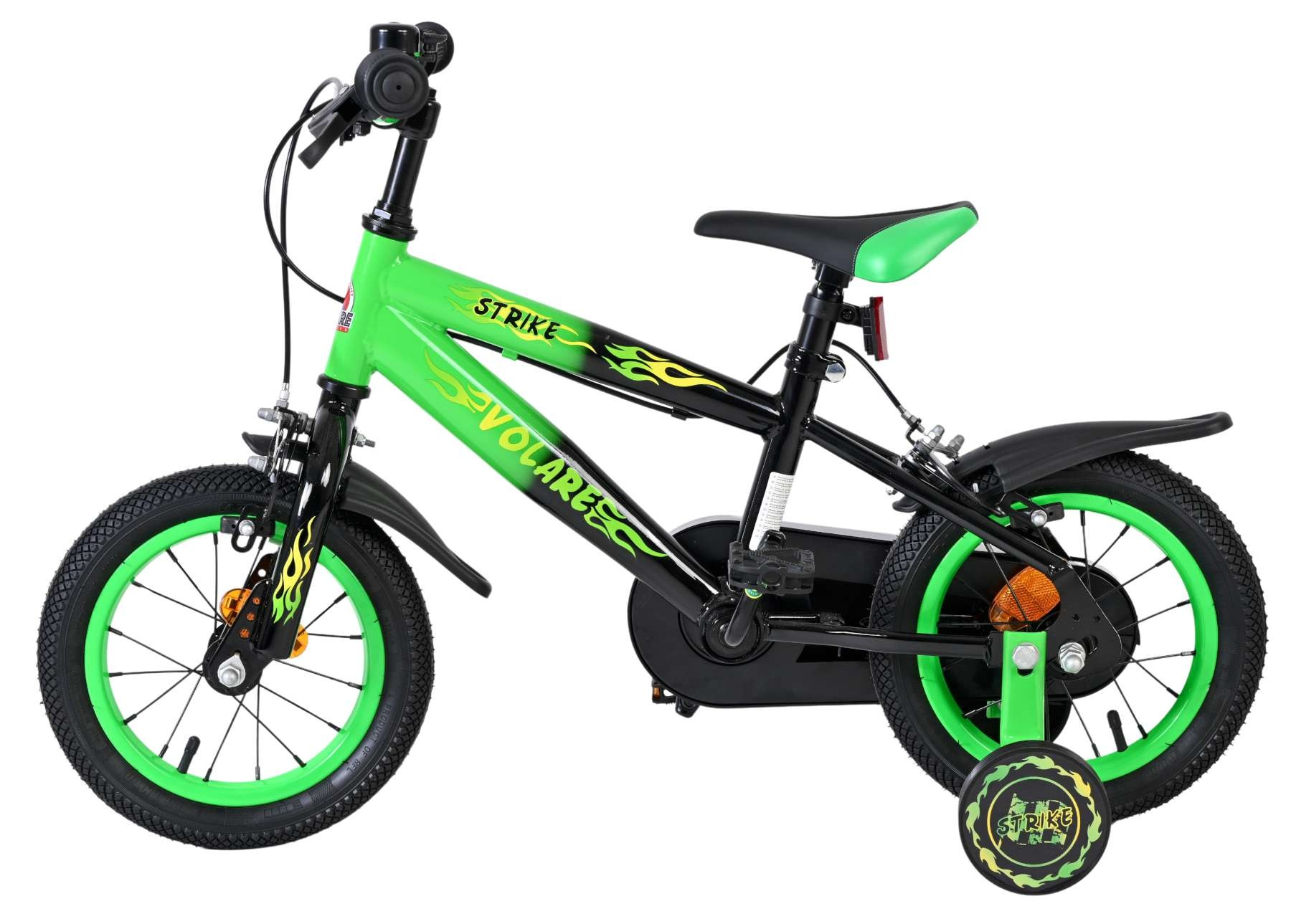Grünes und schwarzes Kinderfahrrad mit Stützrädern und Flammen-Design.