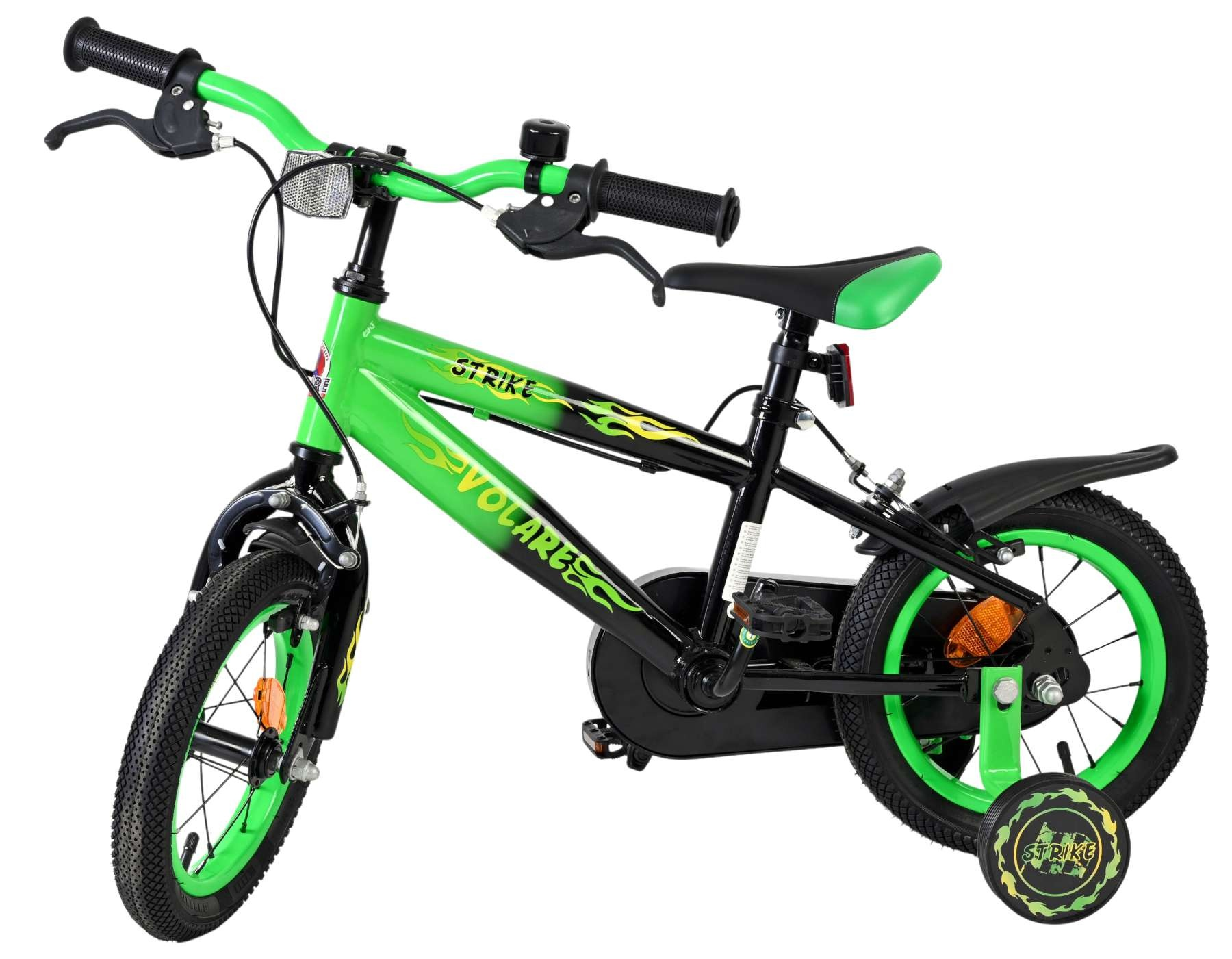 Ein grünes Kinderfahrrad mit schwarzen Akzenten und Stützrädern.