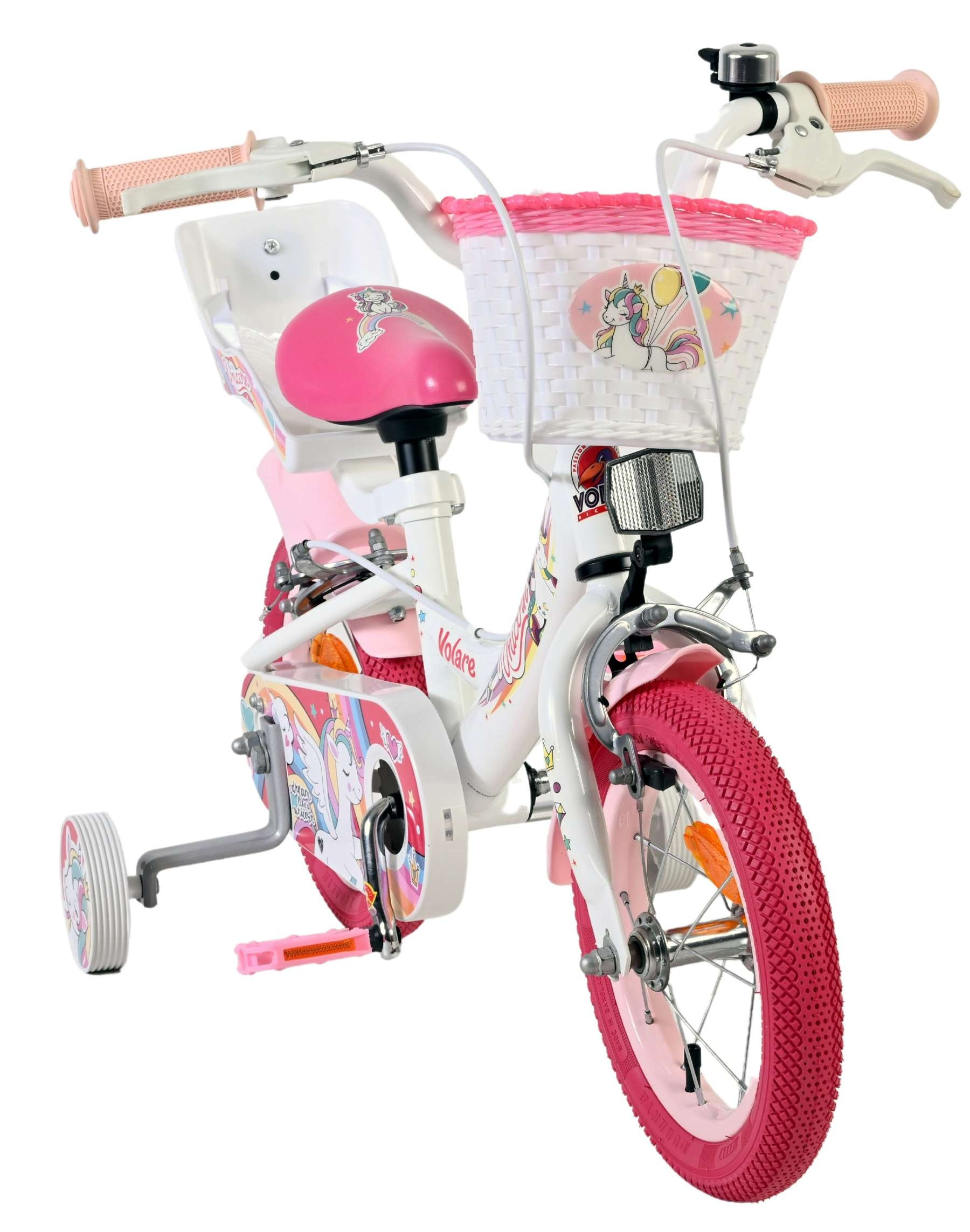 Weißes Kinderfahrrad mit pinken Rädern, Korb, Sitz und Einhorn-Grafiken.