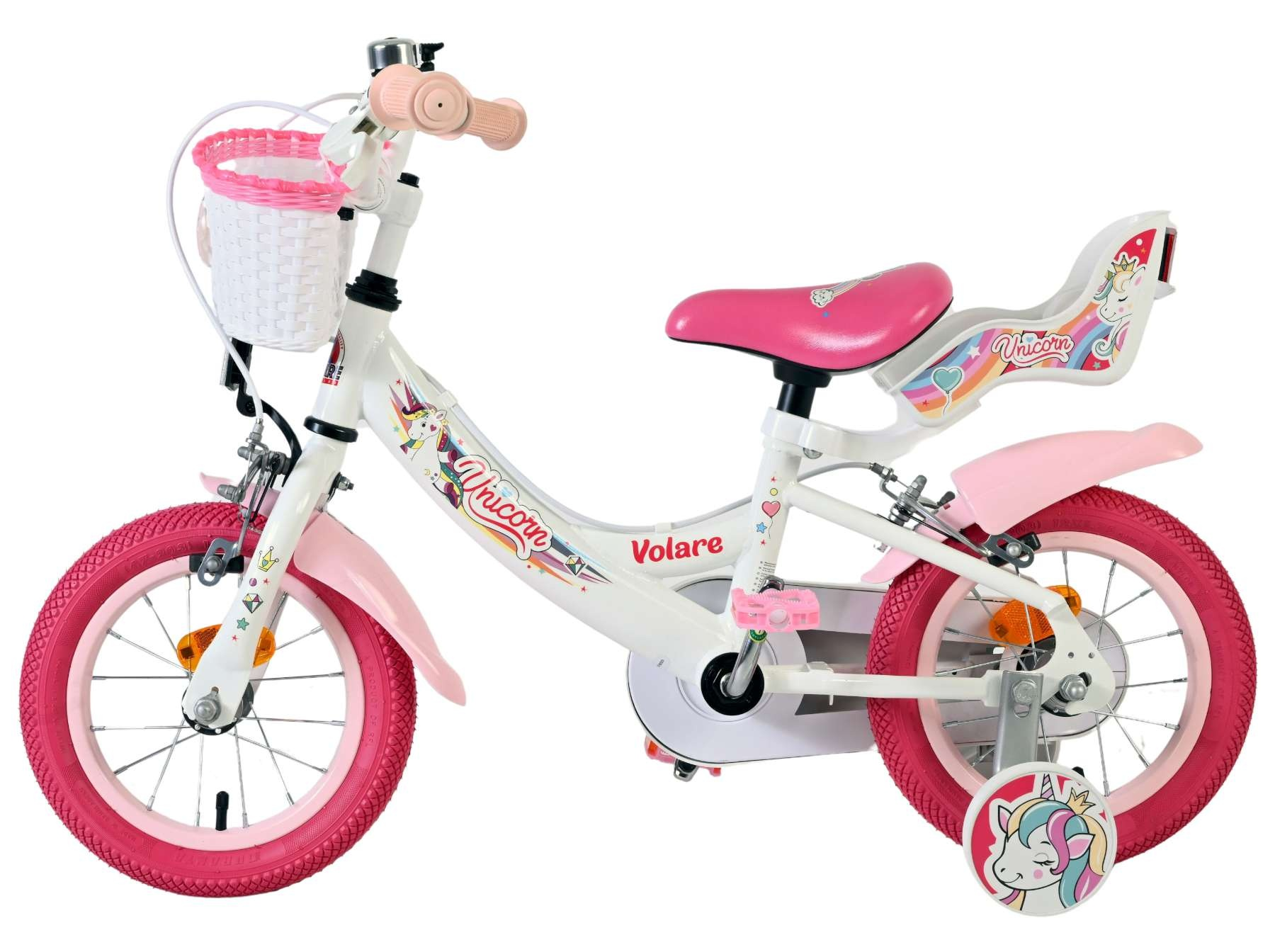 Ein weißes Kinderfahrrad mit rosa Akzenten und Einhornmotiven.