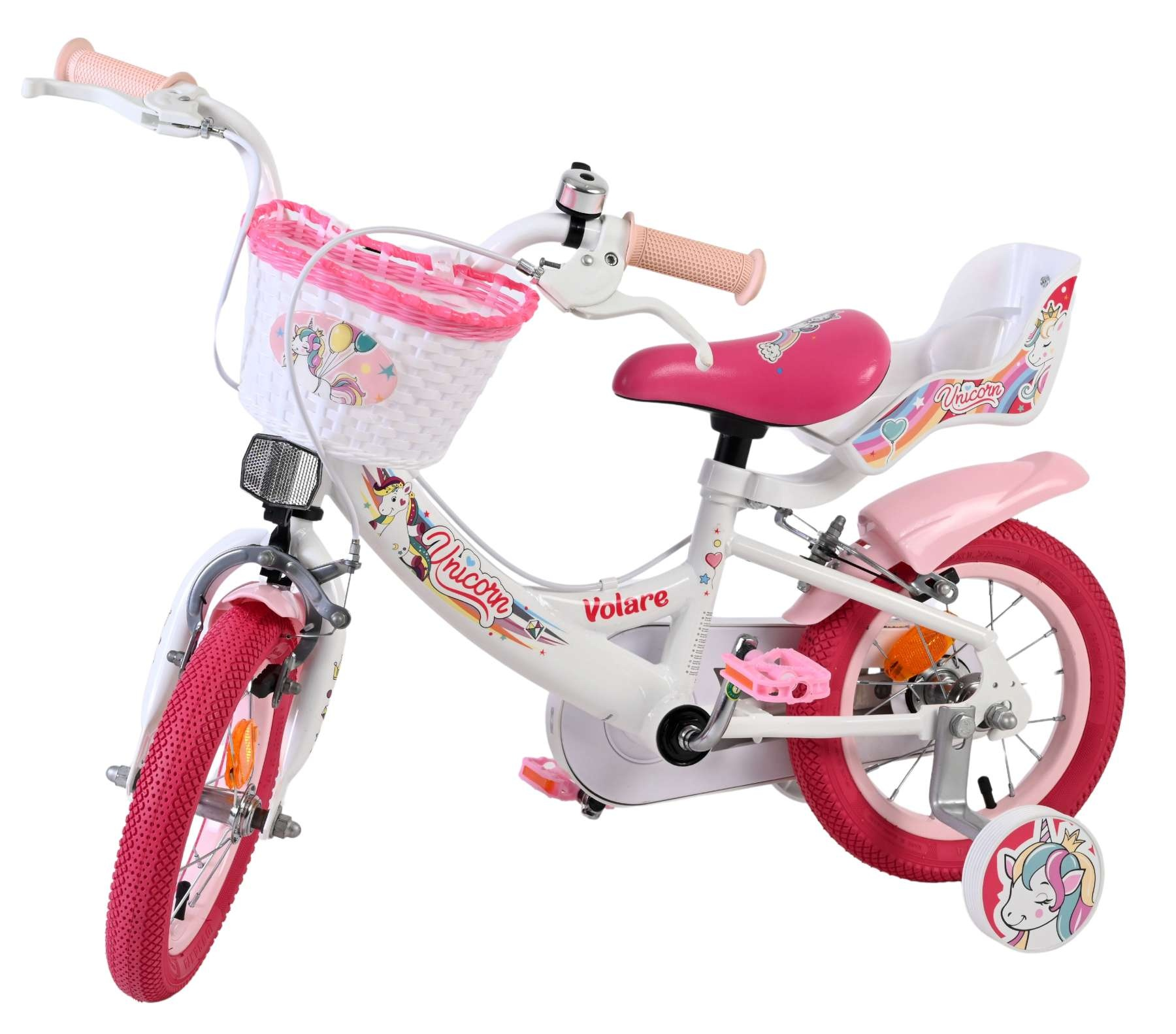 Ein weißes Kinderfahrrad mit rosa Akzenten, Einhorn-Aufklebern und Stützrädern.