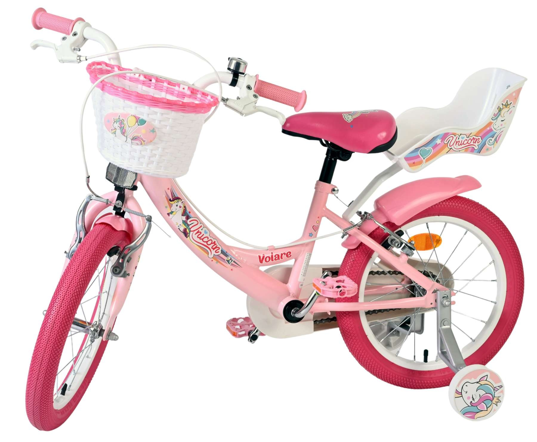 Ein rosafarbenes Einhorn-Fahrrad mit Korb, Kindersitz und Stützrädern.