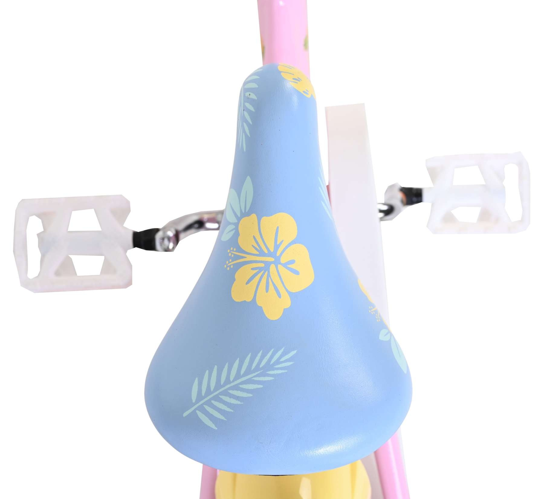 Hellblaues Fahrradsattel mit gelben Blumen und Blättern, weiße Pedale.