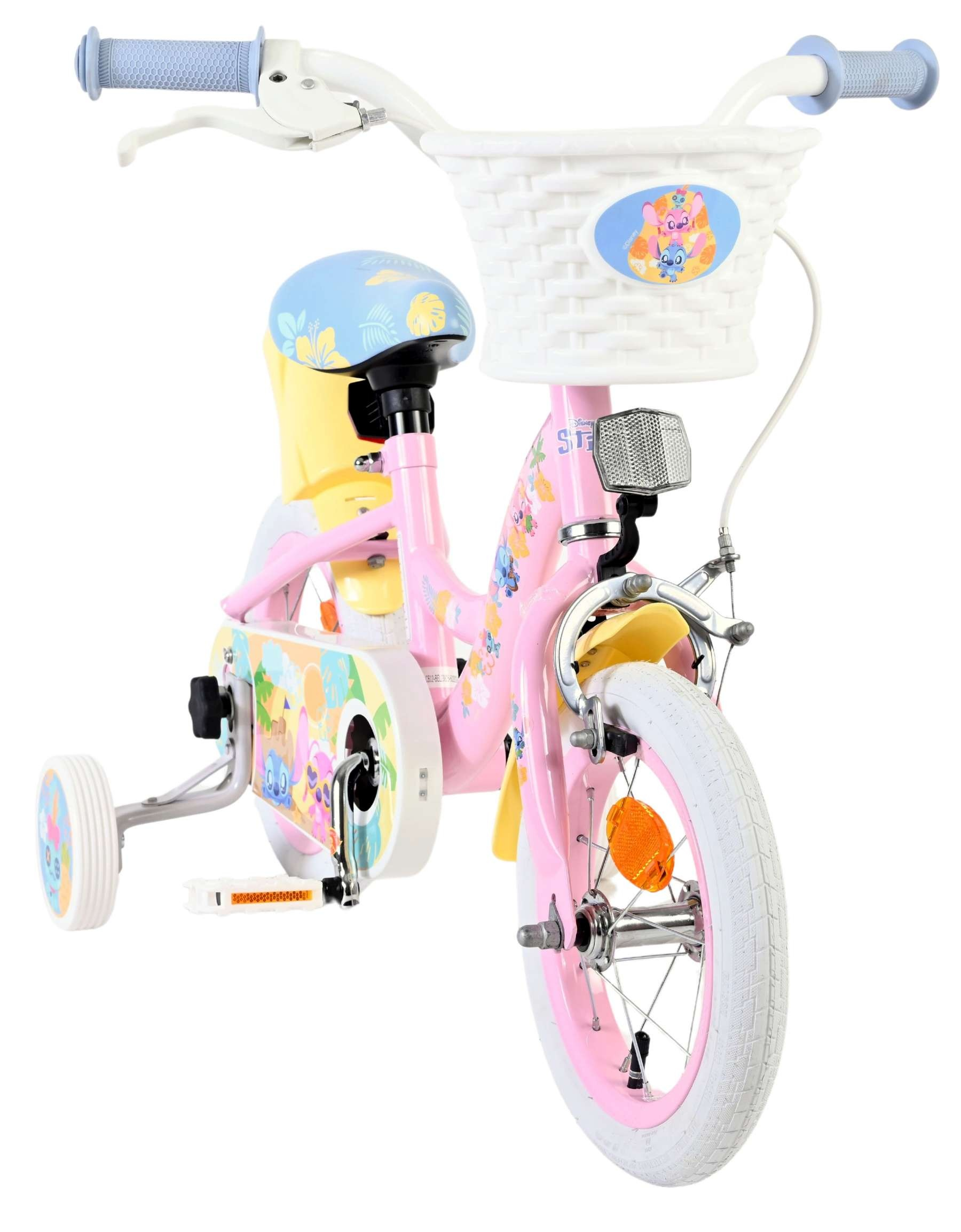 Ein rosa Kinderfahrrad mit Stützrädern, weißem Korb und Disney-Motiven.