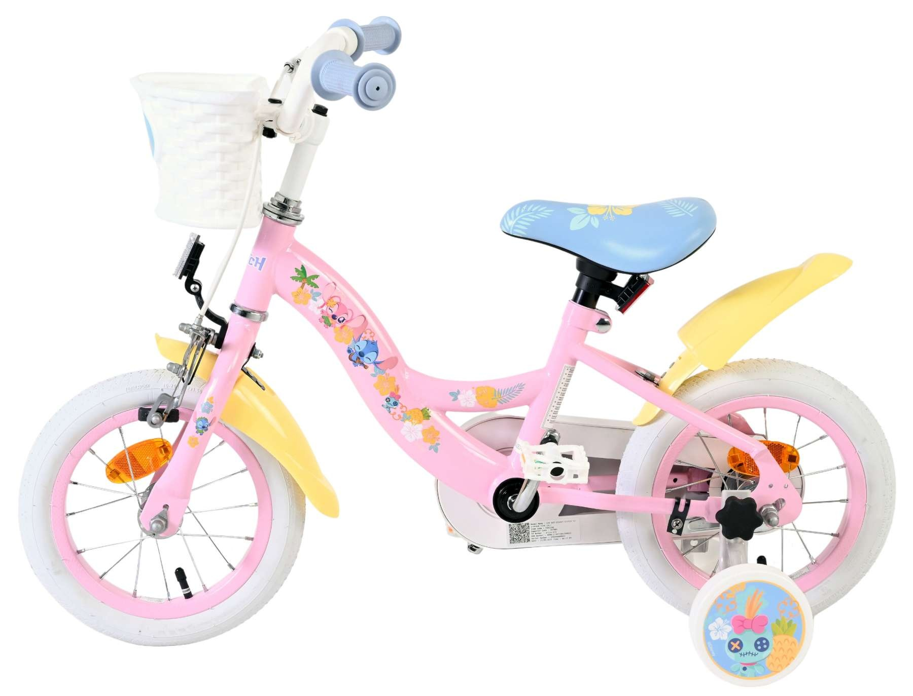 Ein rosafarbenes Kinderfahrrad mit weißen Reifen, Stützrädern und Disney-Figuren.