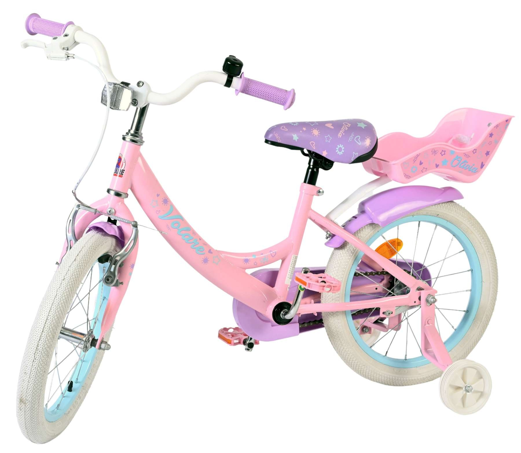 Ein rosafarbenes Mädchenfahrrad mit Stützrädern, einem Kindersitz und Sternenmuster.