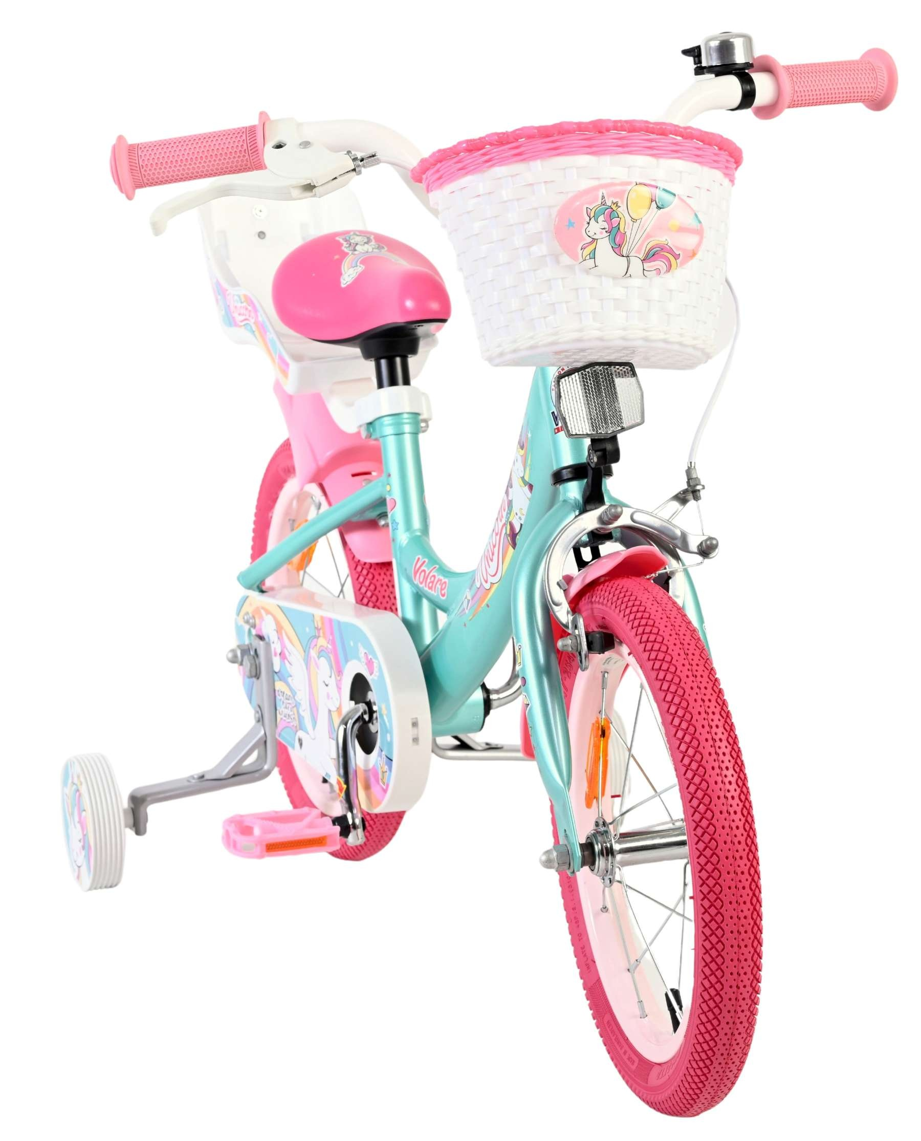 Ein türkisfarbenes Kinderfahrrad mit rosa Akzenten, Stützrädern und Einhorn-Motiven.