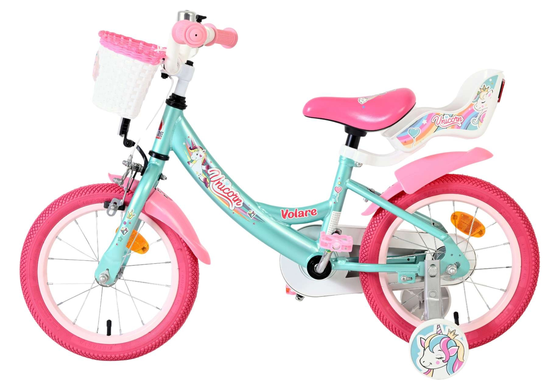 Ein mintgrünes Kinderfahrrad mit pinken Akzenten, Korb, Stützrädern und Einhorn-Motiv.