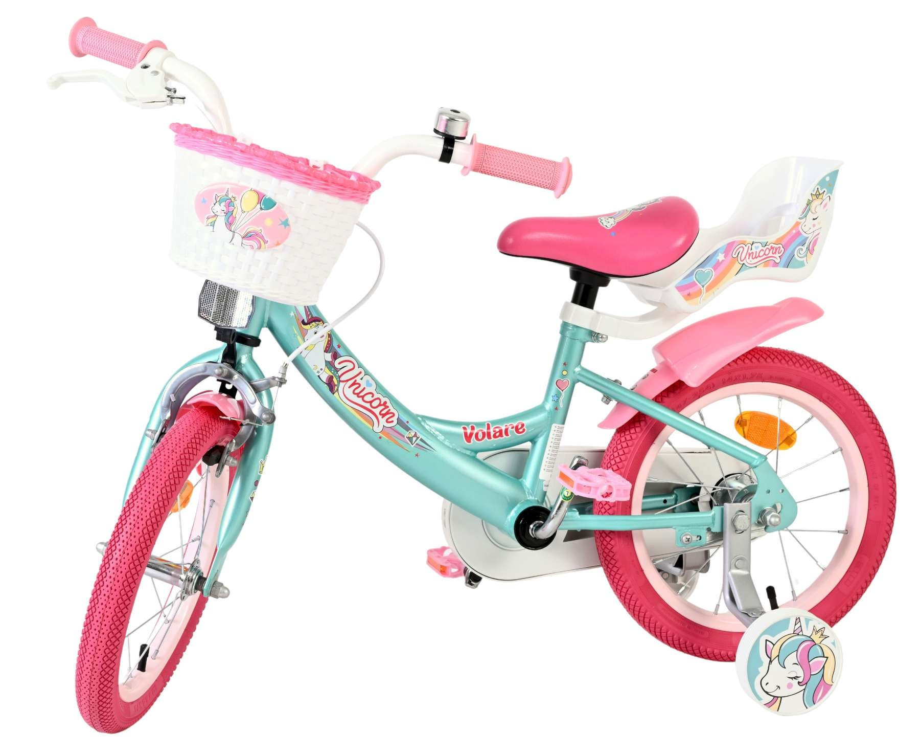 Ein mintgrünes Kinderfahrrad mit rosa Rädern, Korb und Einhorn-Motiv.
