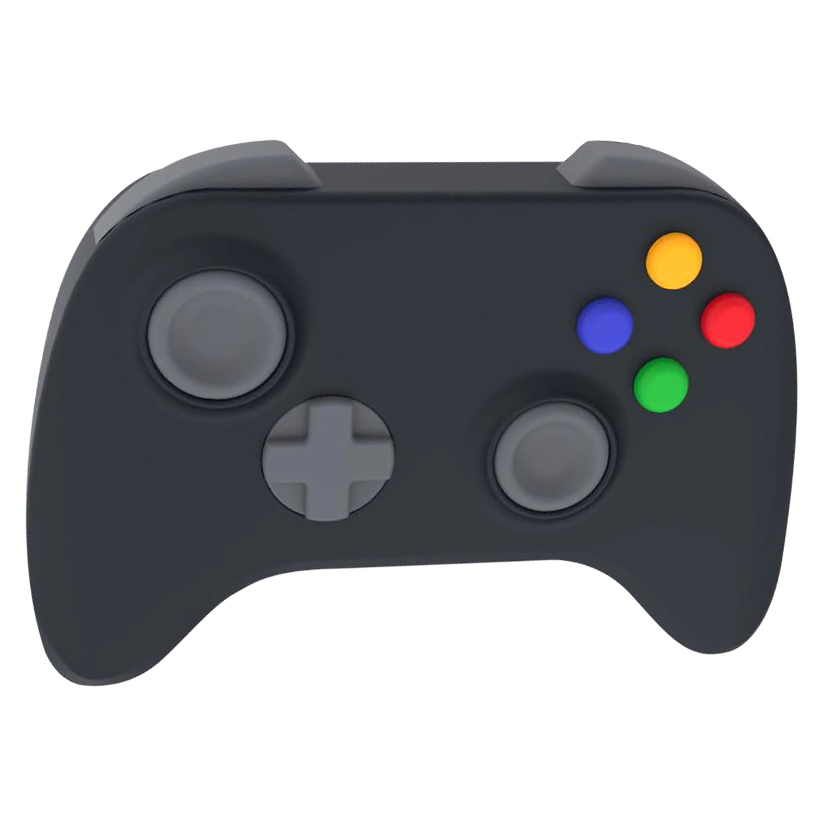 Un controller di gioco scuro con pulsanti grigi e pulsanti frontali colorati.