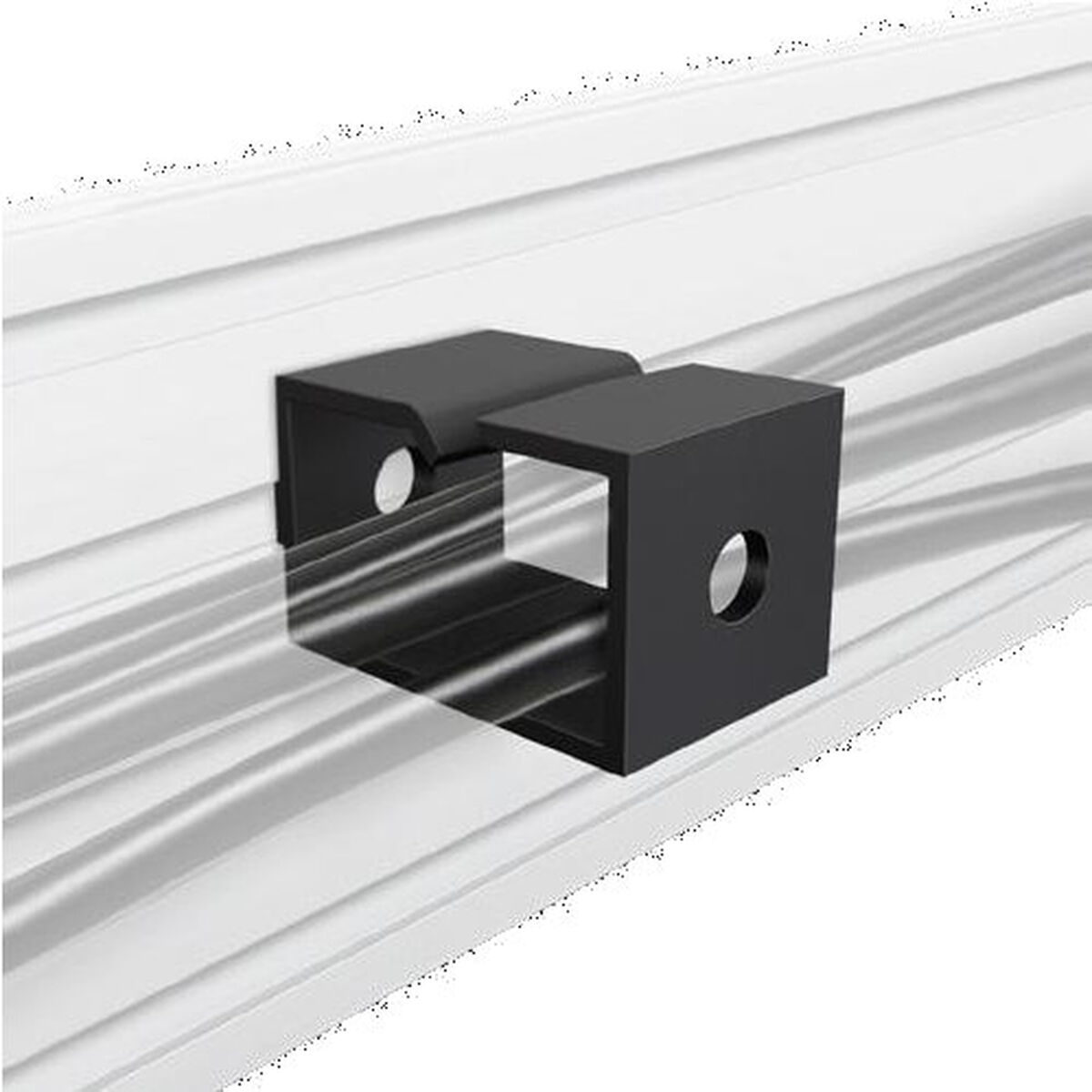 A black angle bracket holds a white grooved bar.