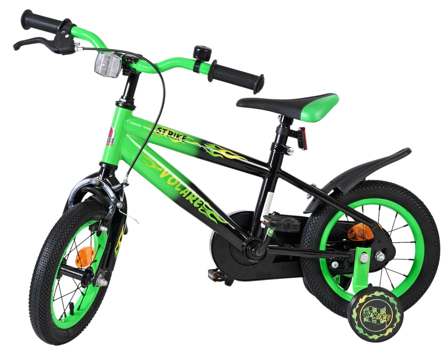 Ein grünes und schwarzes Kinderfahrrad mit Stützrädern und Flammen-Aufklebern.
