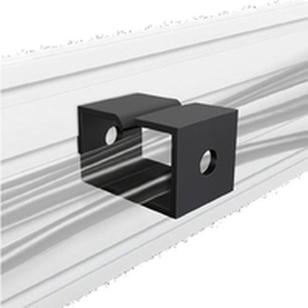 Black bracket on an aluminum profile with grooves.