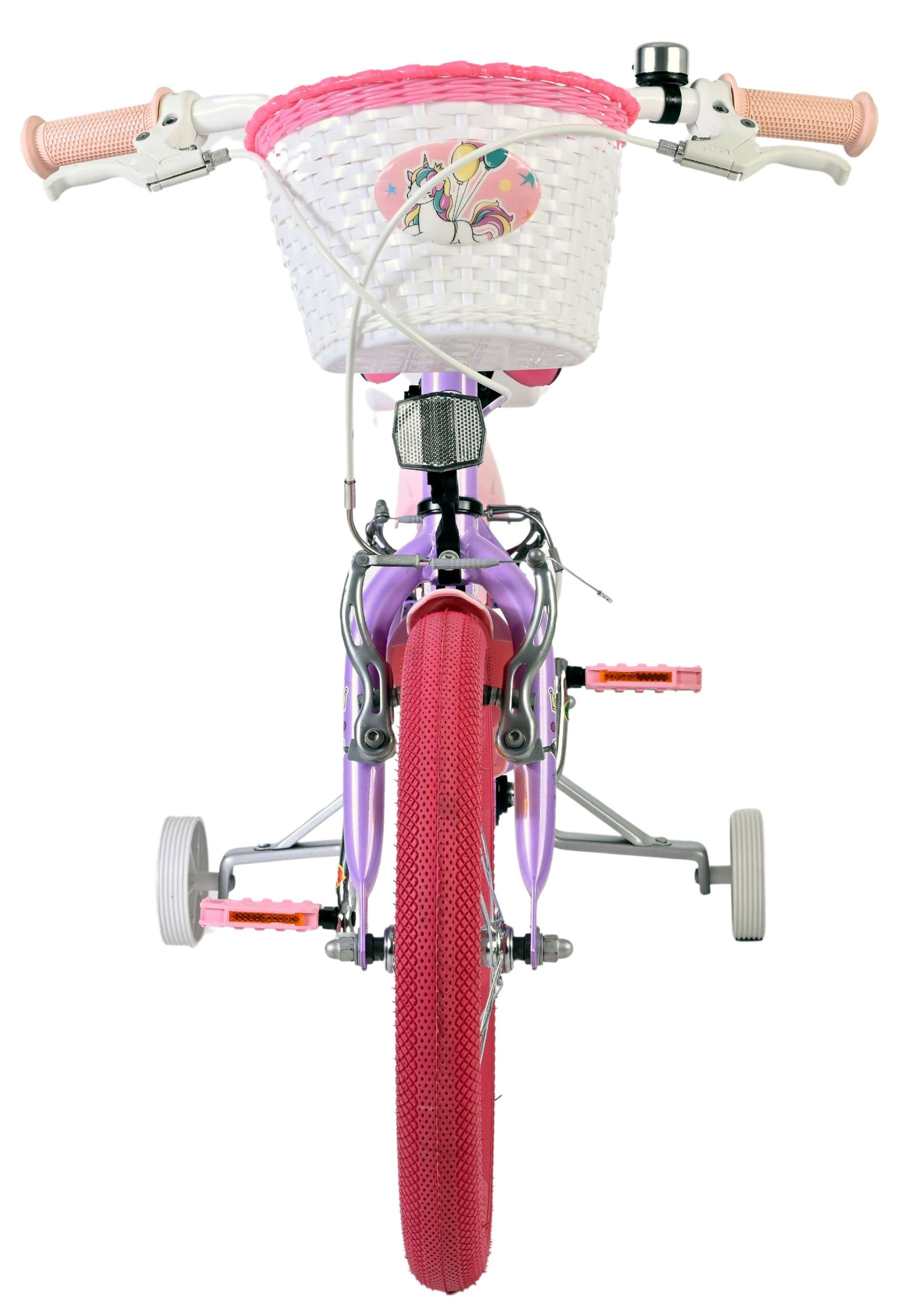 Lila Kinderfahrrad mit rosa Reifen, weißem Korb und Einhorn-Aufkleber.