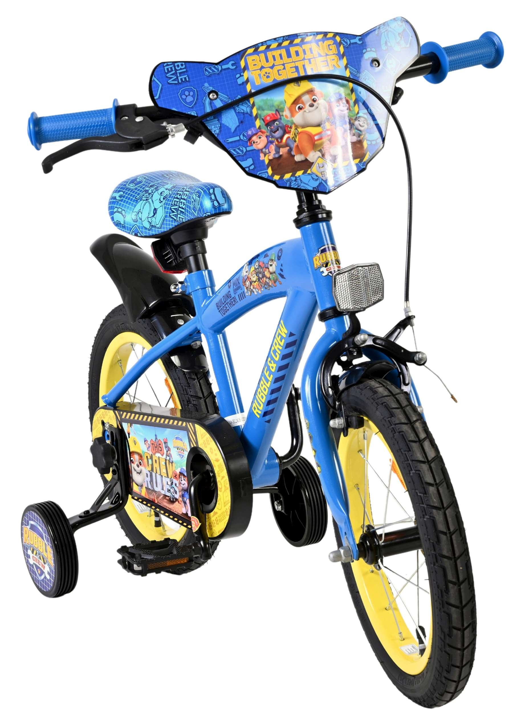 Ein blaues Kinderfahrrad mit Stützrädern, inspiriert von Paw Patrol.