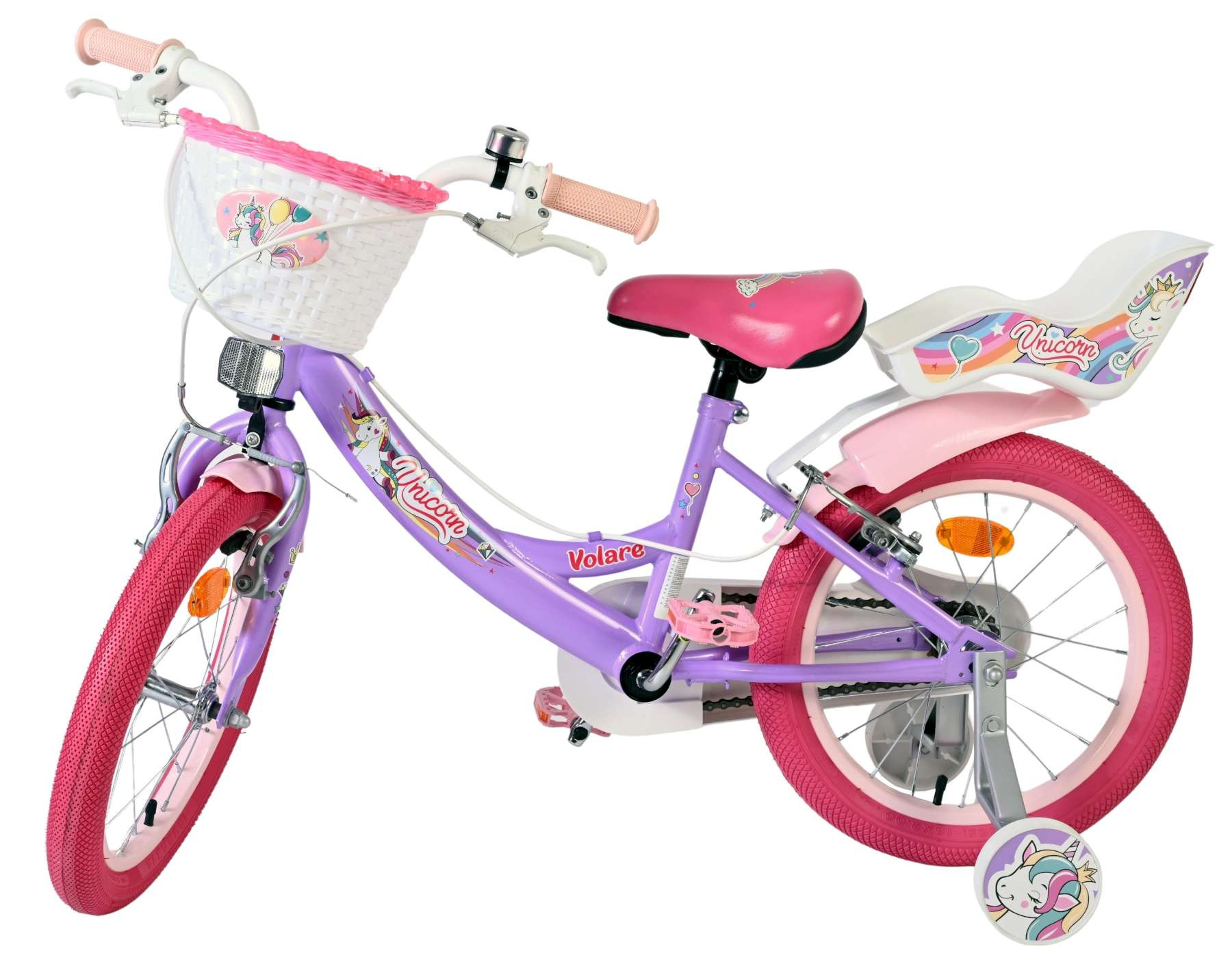 Lila Kinderfahrrad mit rosa Reifen, Korb und Einhorn-Motiv.