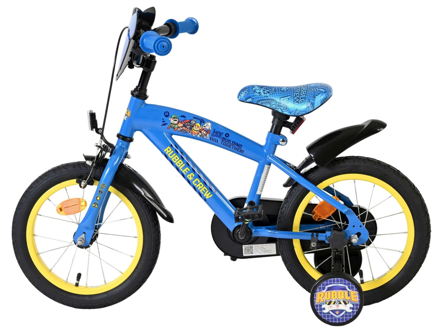 Ein blaues Kinderfahrrad mit gelben Felgen und Paw Patrol-Motiven.