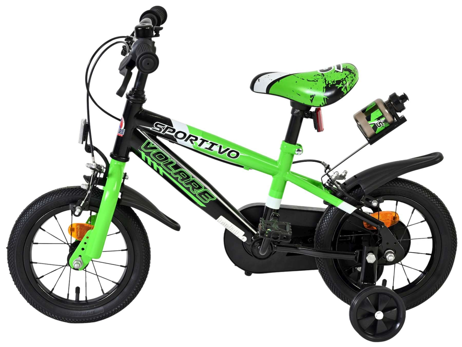 Ein schwarzes und grünes Kinderfahrrad mit Stützrädern und Flaschenhalter.