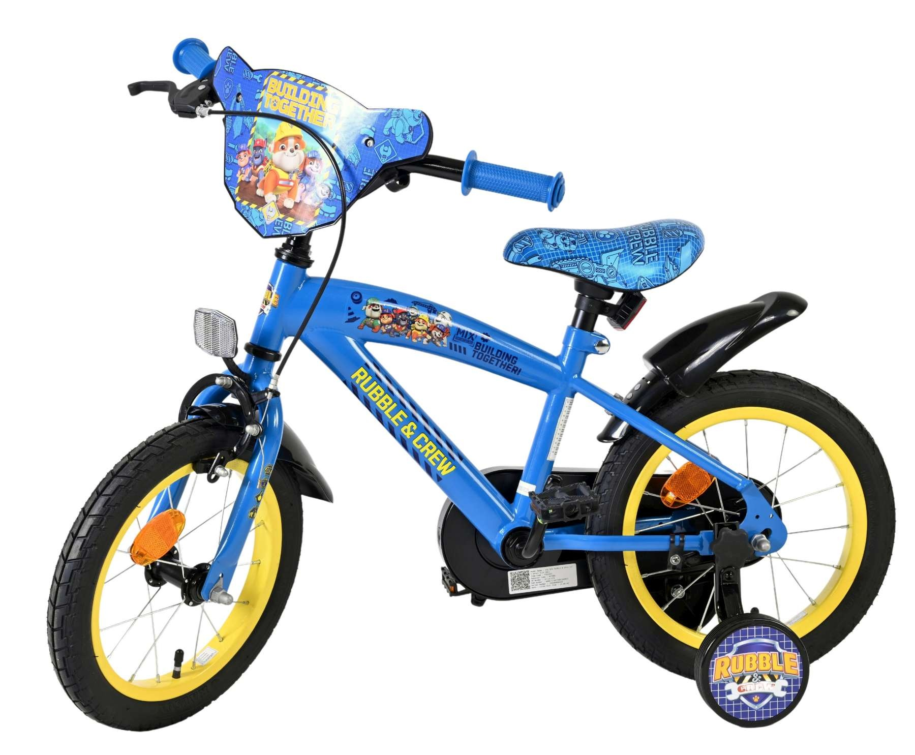 Ein blaues Kinderfahrrad mit gelben Felgen und Paw Patrol-Motiven.