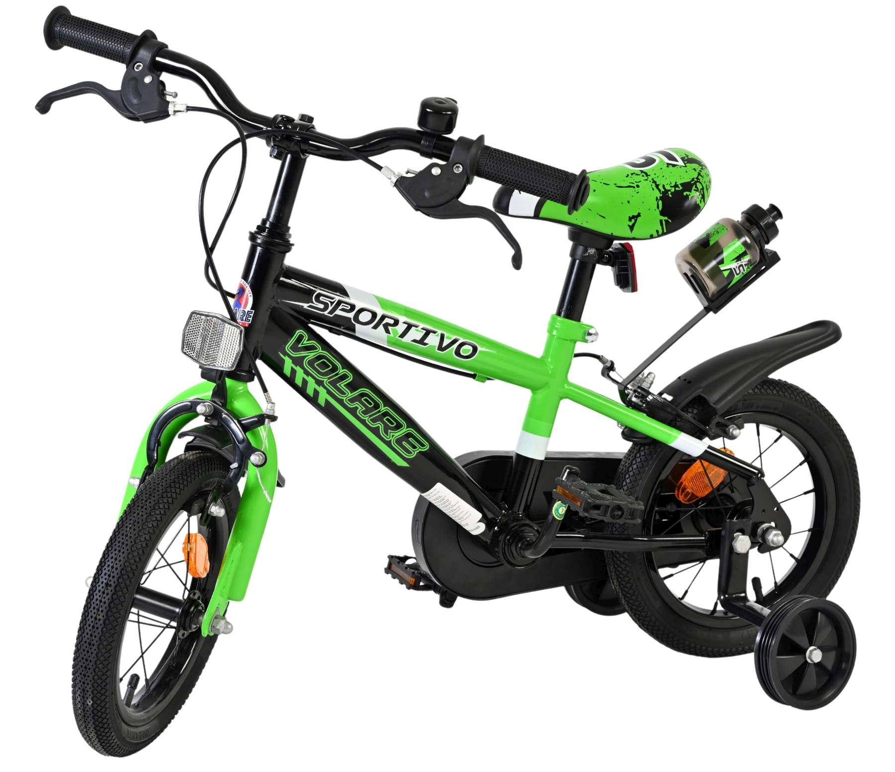 Ein grünes und schwarzes Kinderfahrrad mit Stützrädern und Trinkflasche.