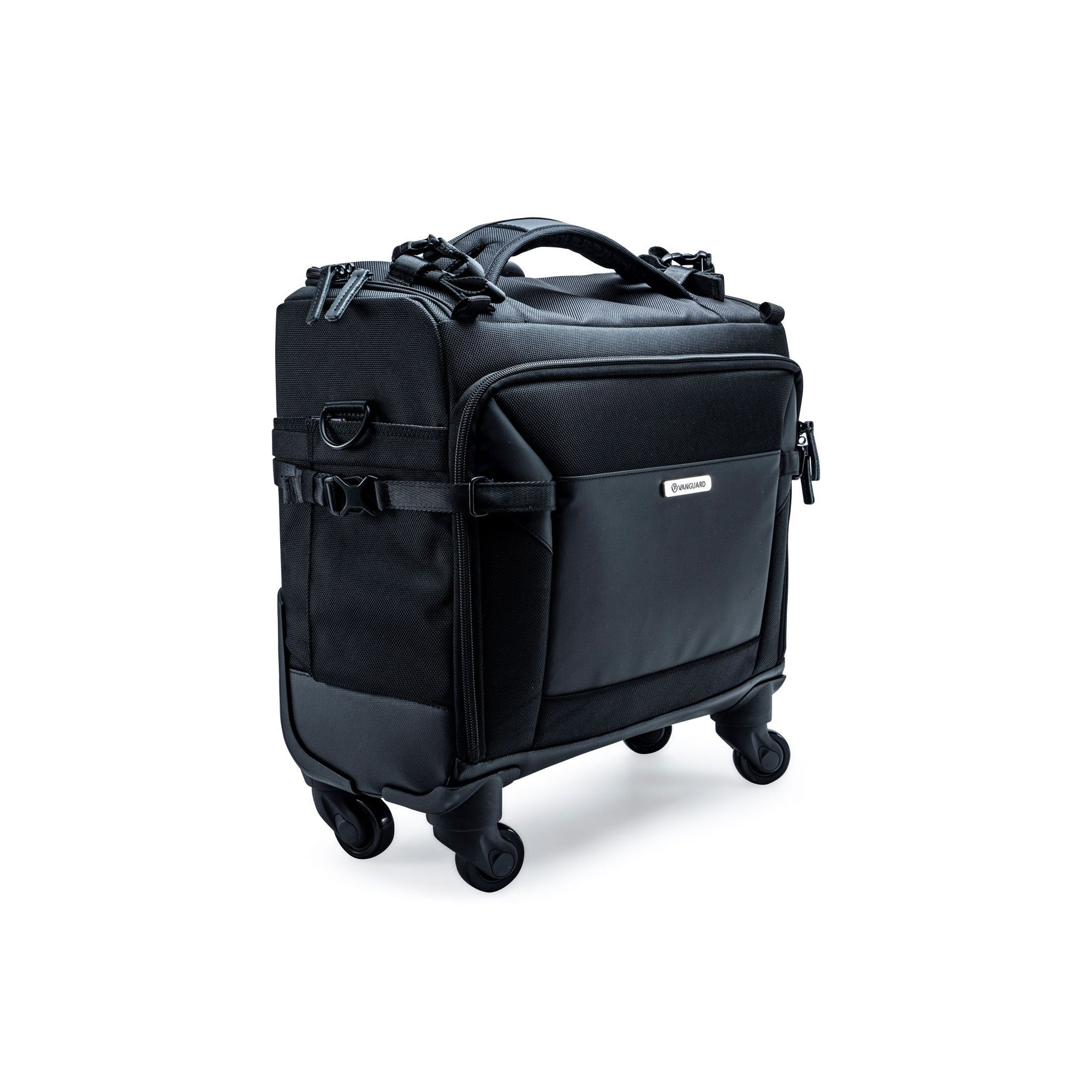 Bolso negro tipo maleta con ruedas, asas y fondo blanco.