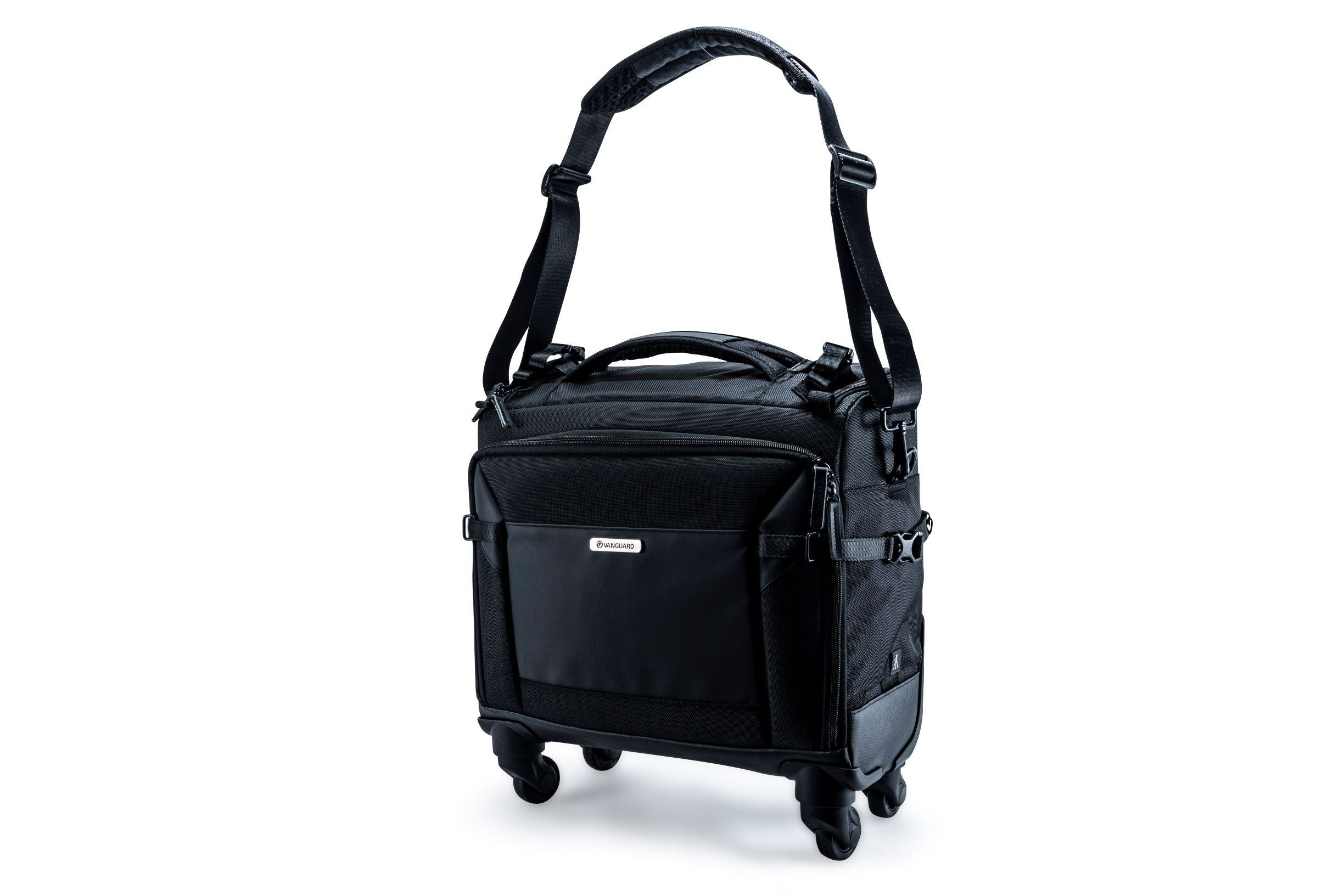 Bolsa de equipaje rodante negra con correa para el hombro y logo.