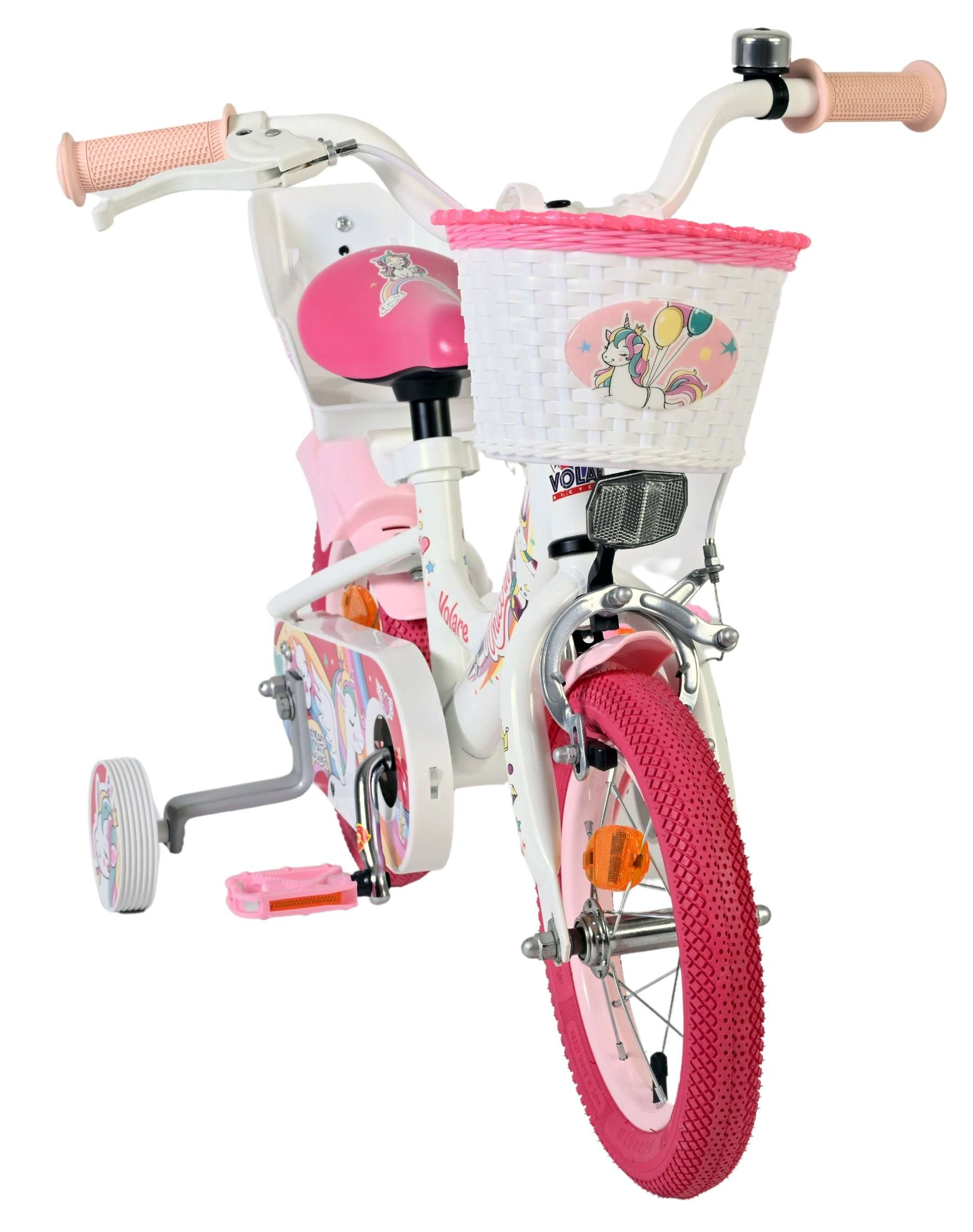 Ein weißes Kinderfahrrad mit rosa Akzenten, rosa Reifen und Einhorn-Motiven.