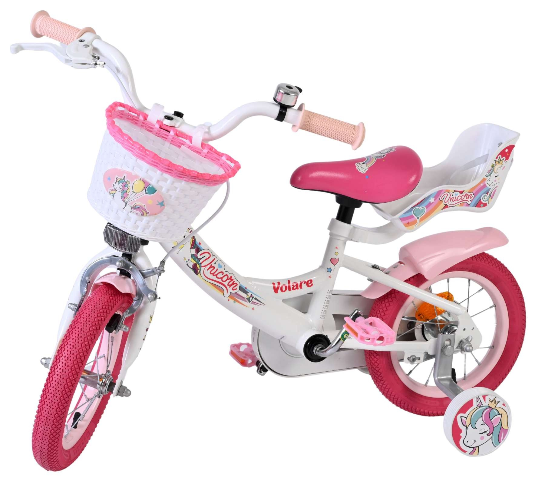 Ein weißes Kinderfahrrad mit rosa Akzenten, einem Lenkorb und Stützrädern.