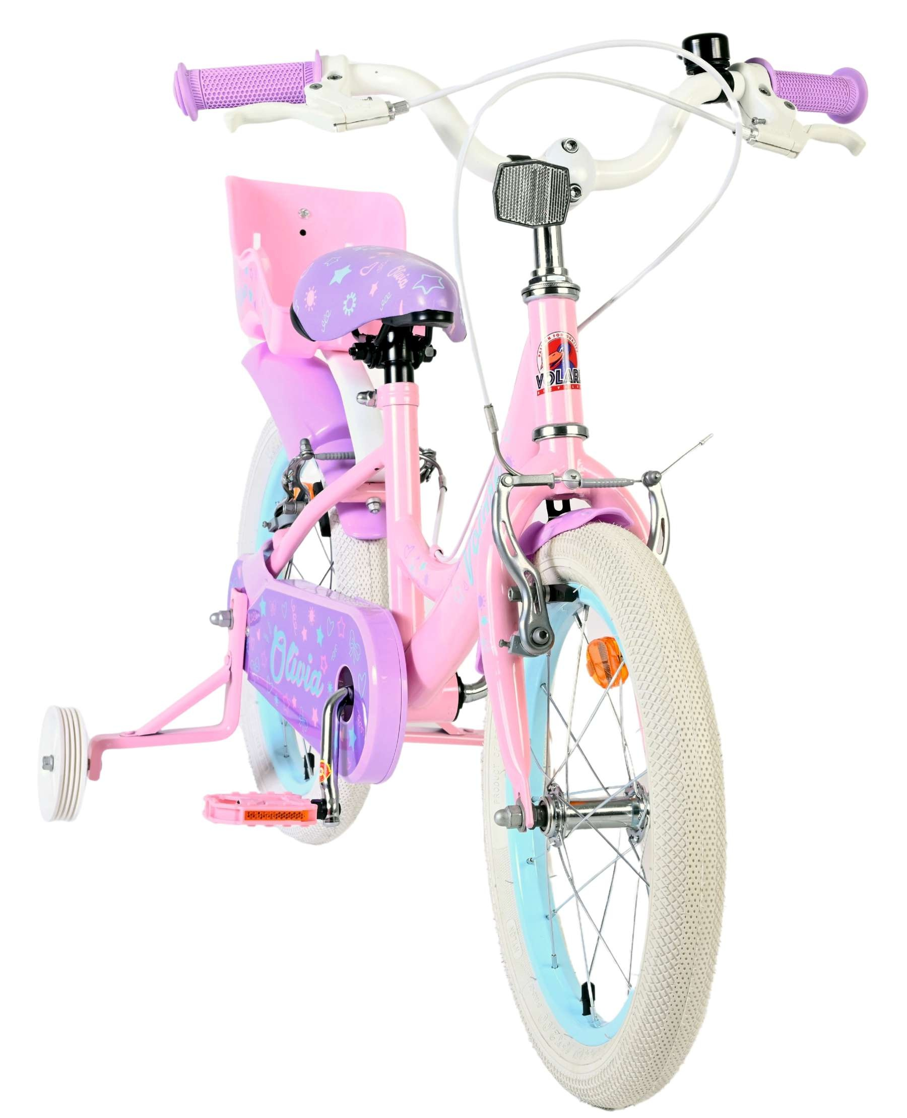 Ein rosafarbenes Kinderfahrrad mit Stützrädern, lila Griffen und Sitz.