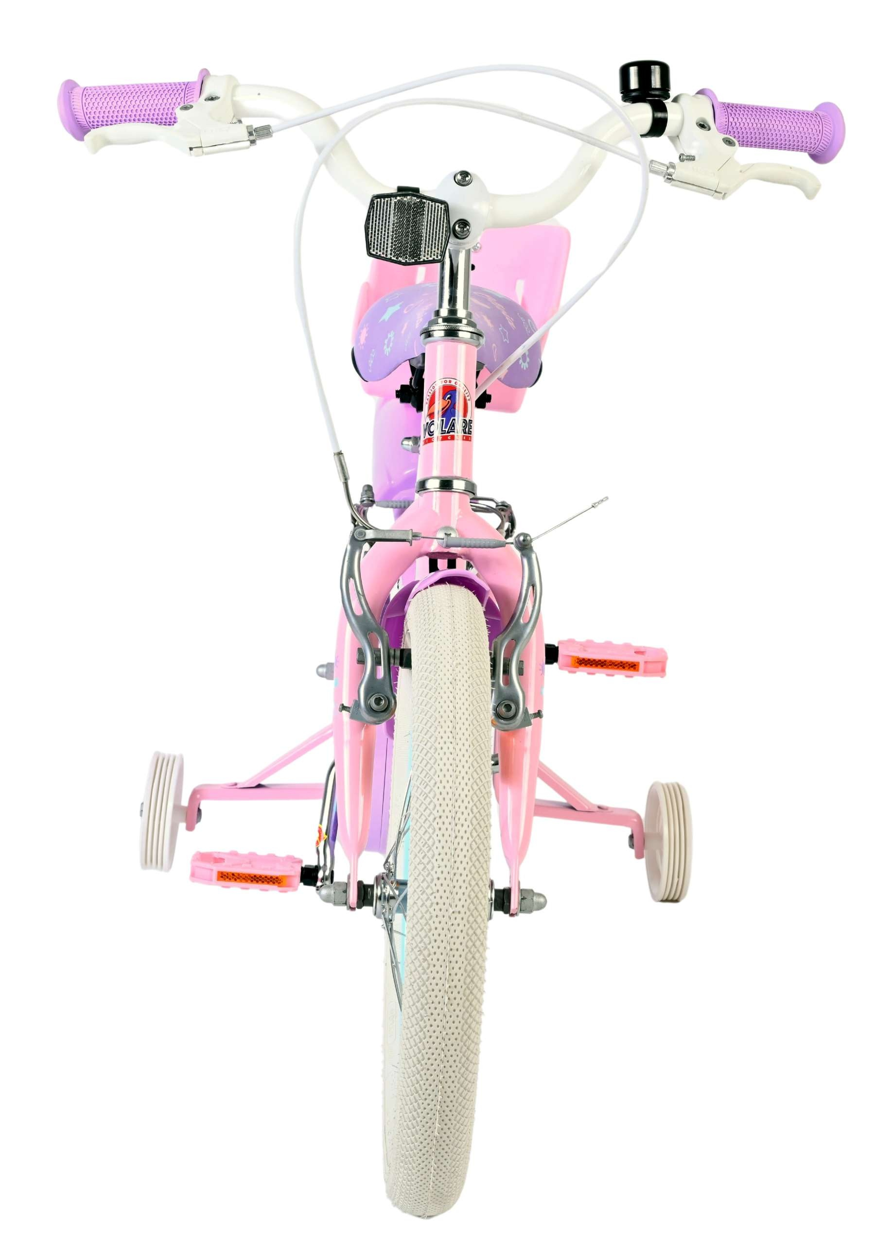 Ein rosafarbenes Kinderfahrrad mit Stützrädern und weißem Reifen.