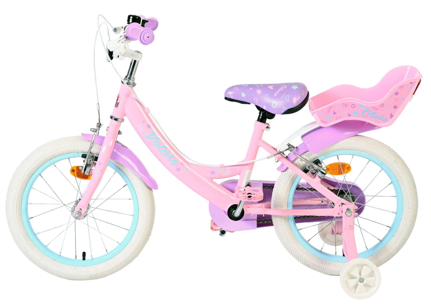 Ein rosafarbenes Mädchenfahrrad mit Stützrädern, einem Kindersitz und Sternenmotiven.