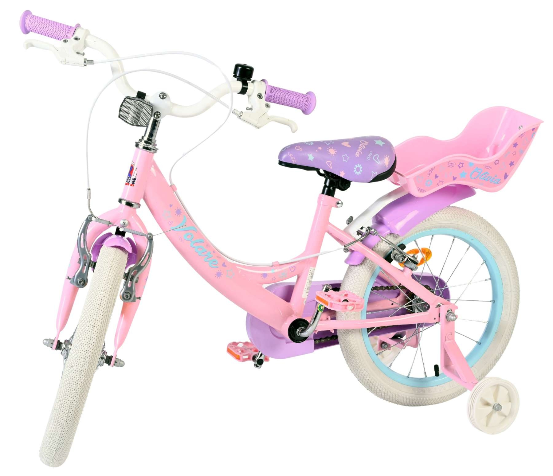 Ein rosa Kinderfahrrad mit Stützrädern, einem Kindersitz und lila Akzenten.