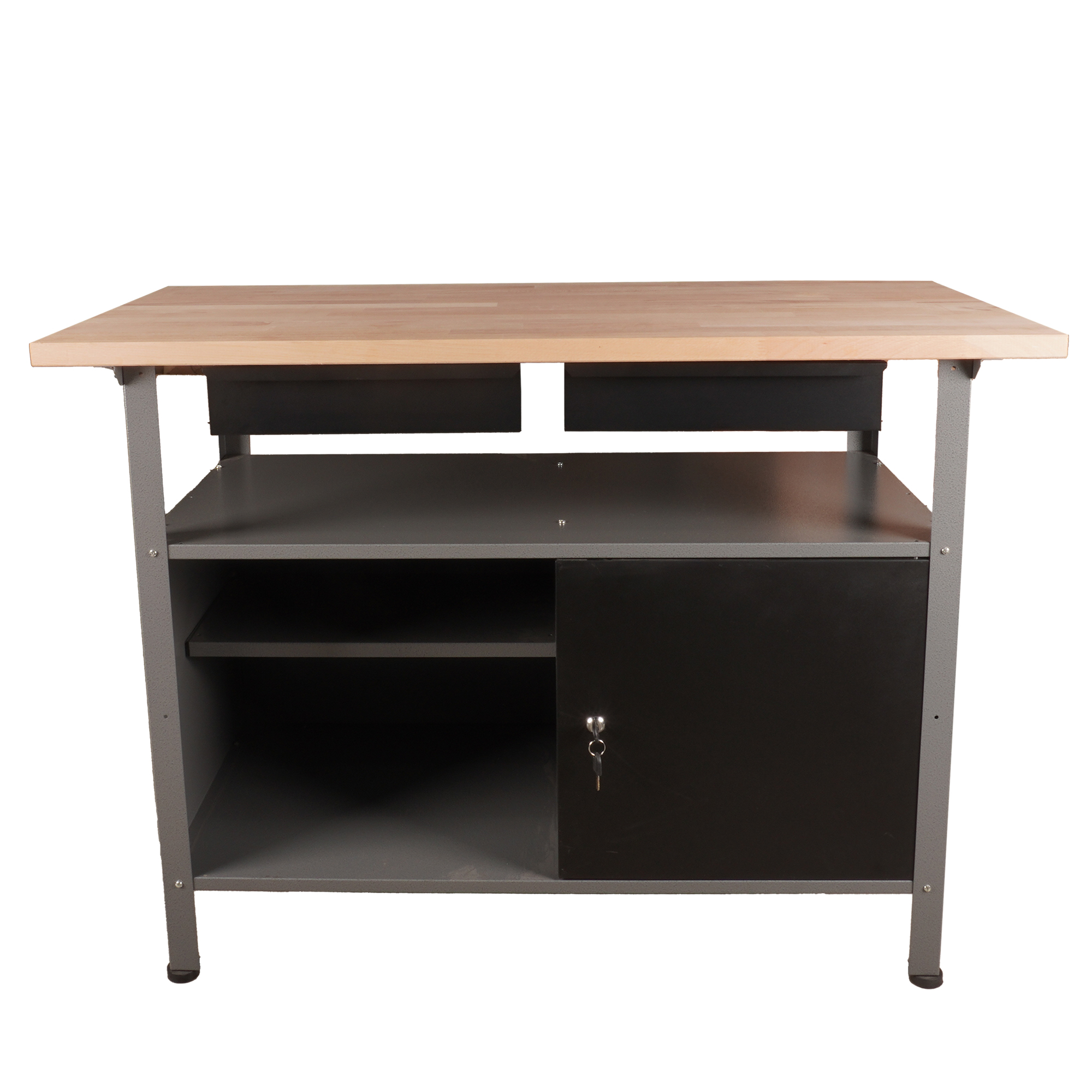 Werkbank mit Holzplatte, grauen Metallbeinen, zwei Schubladen und schwarzer Schranktür.
