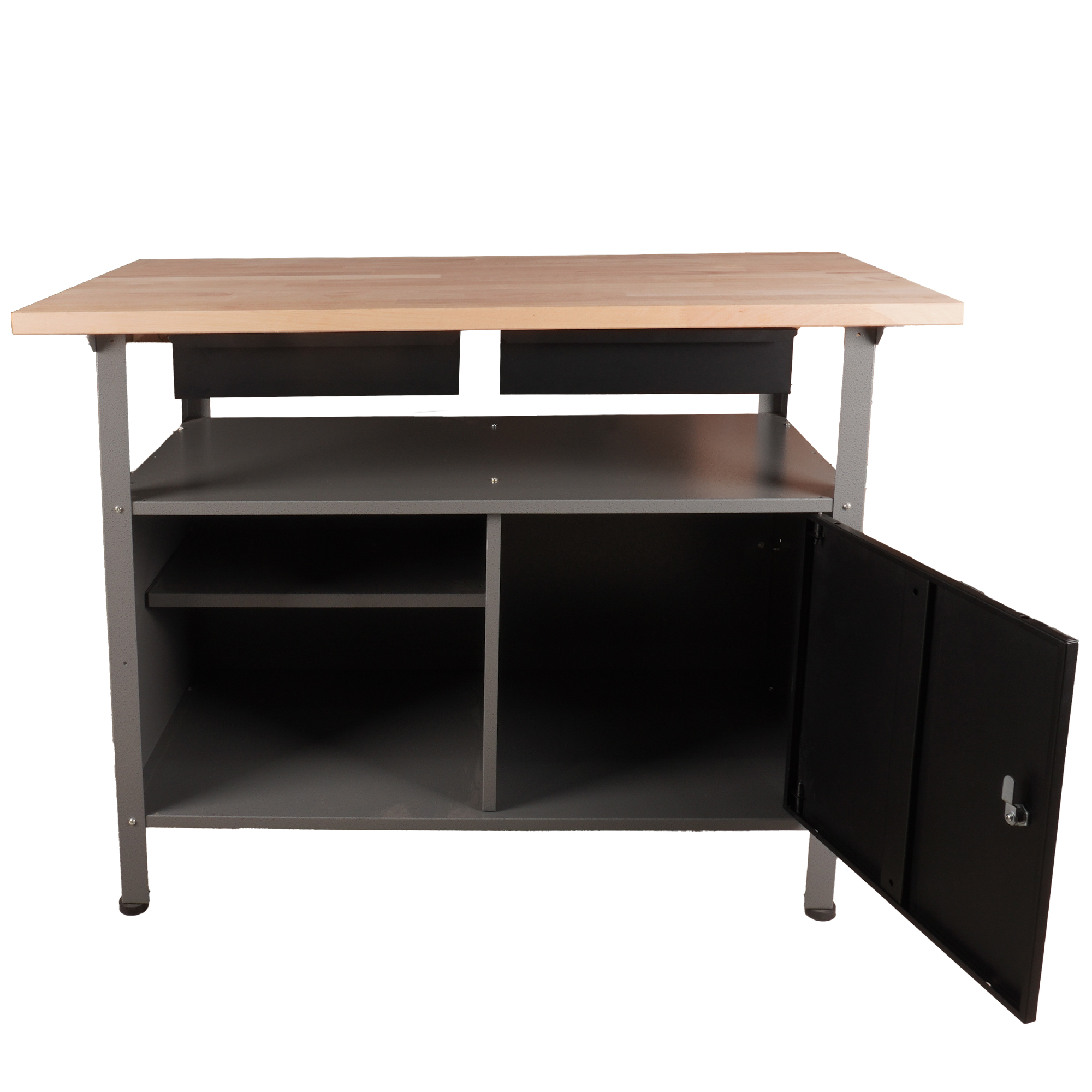 Werkbank mit Holzplatte, grauen Metallbeinen und offenen Fächern.