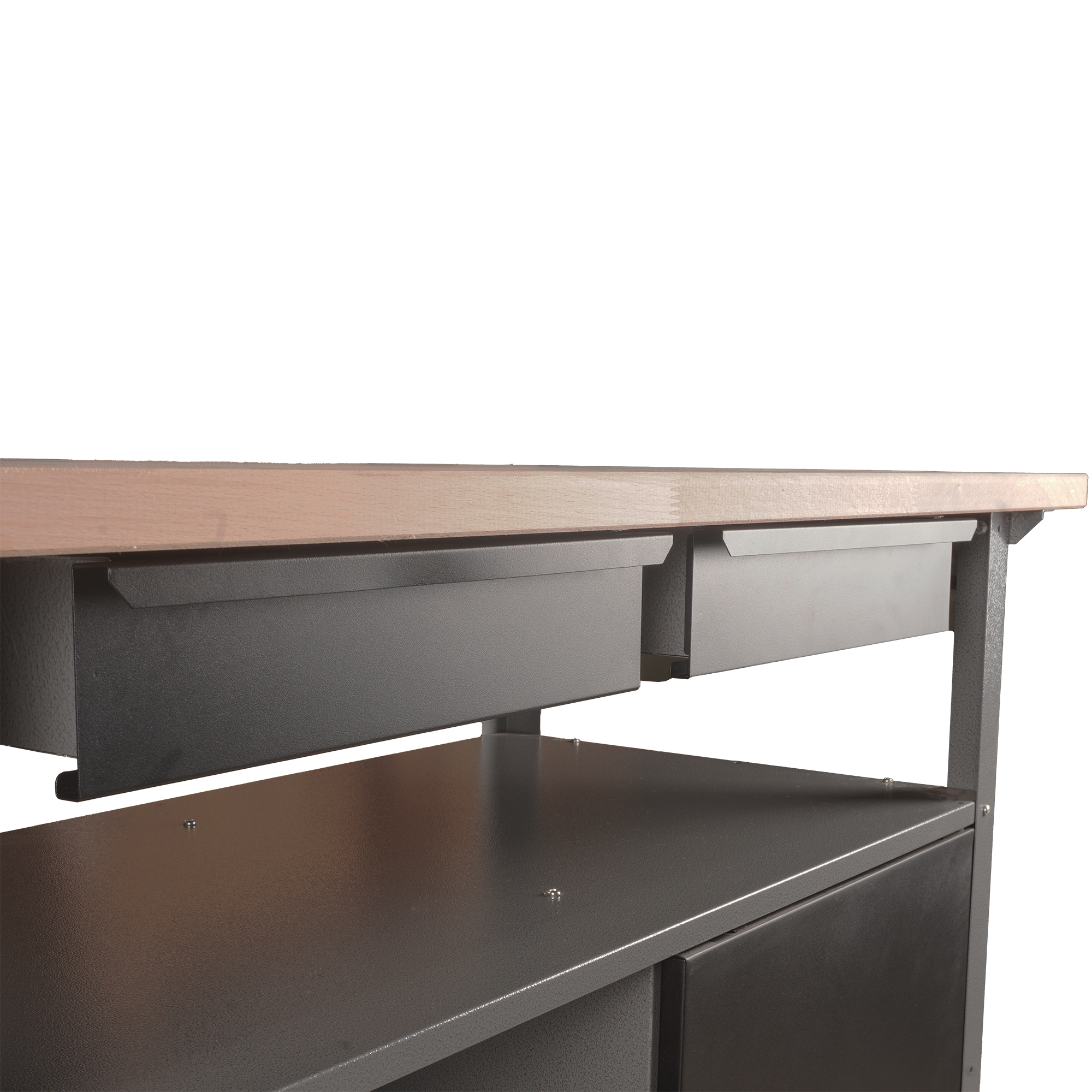 Holzplatte über zwei Schubladen und einem Regal aus dunklem Metall.