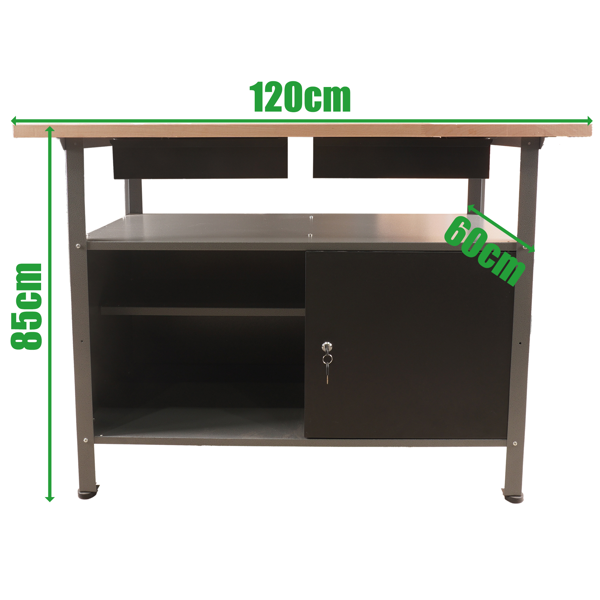 Werkbank mit Holzplatte, Schubladen, Schrank und Regalen. Maße: 120x85x60cm.