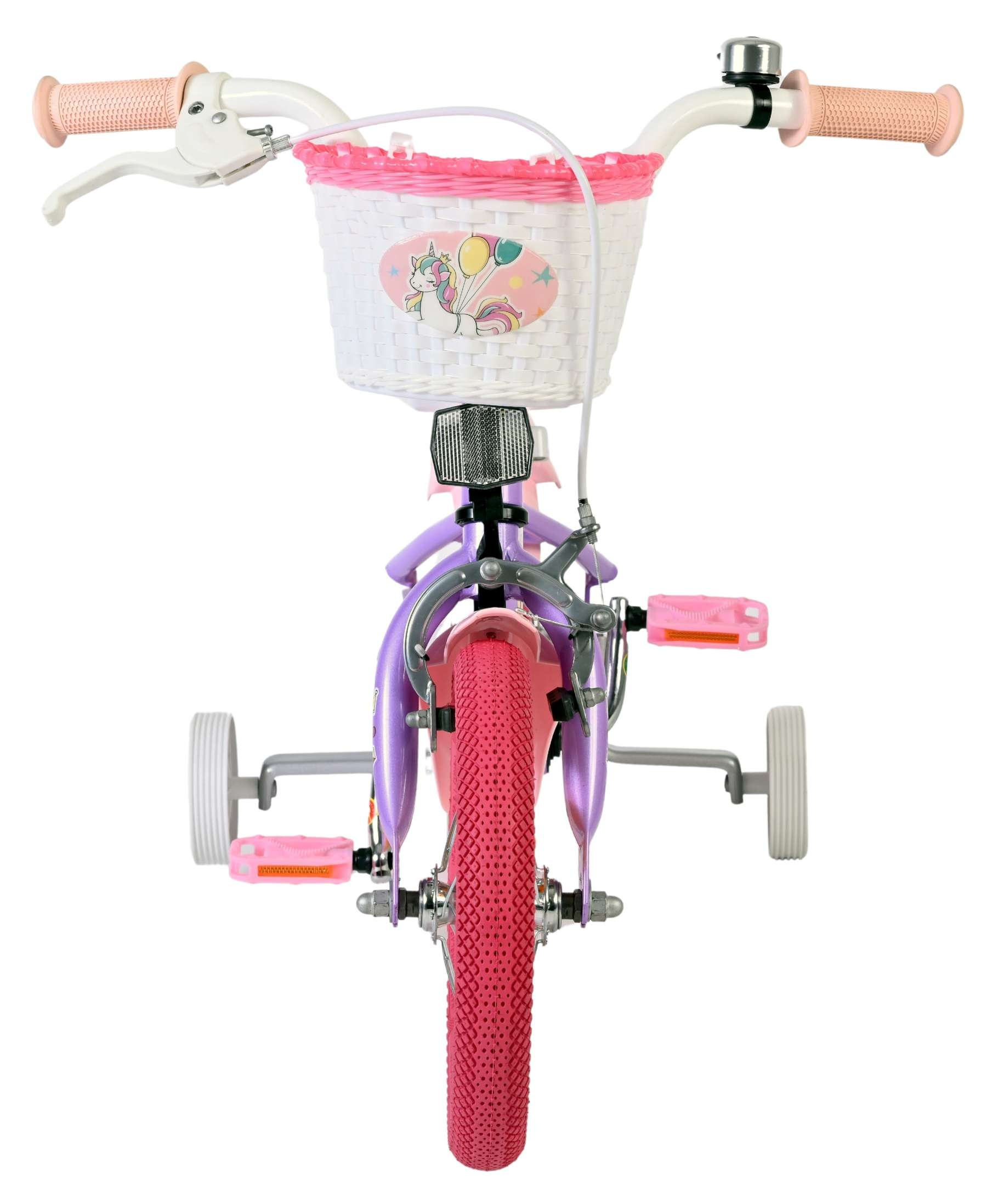 Lila Kinderfahrrad mit rosa Reifen, Korb mit Einhorn und Stützrädern.