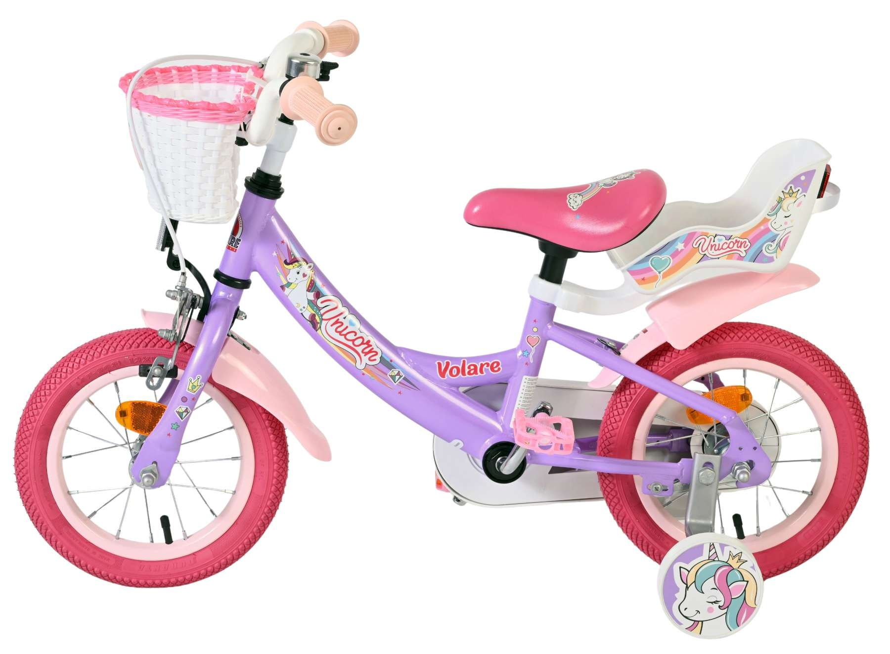 Lila Kinderfahrrad mit rosa Rädern, Korb und Einhorn-Motiven.